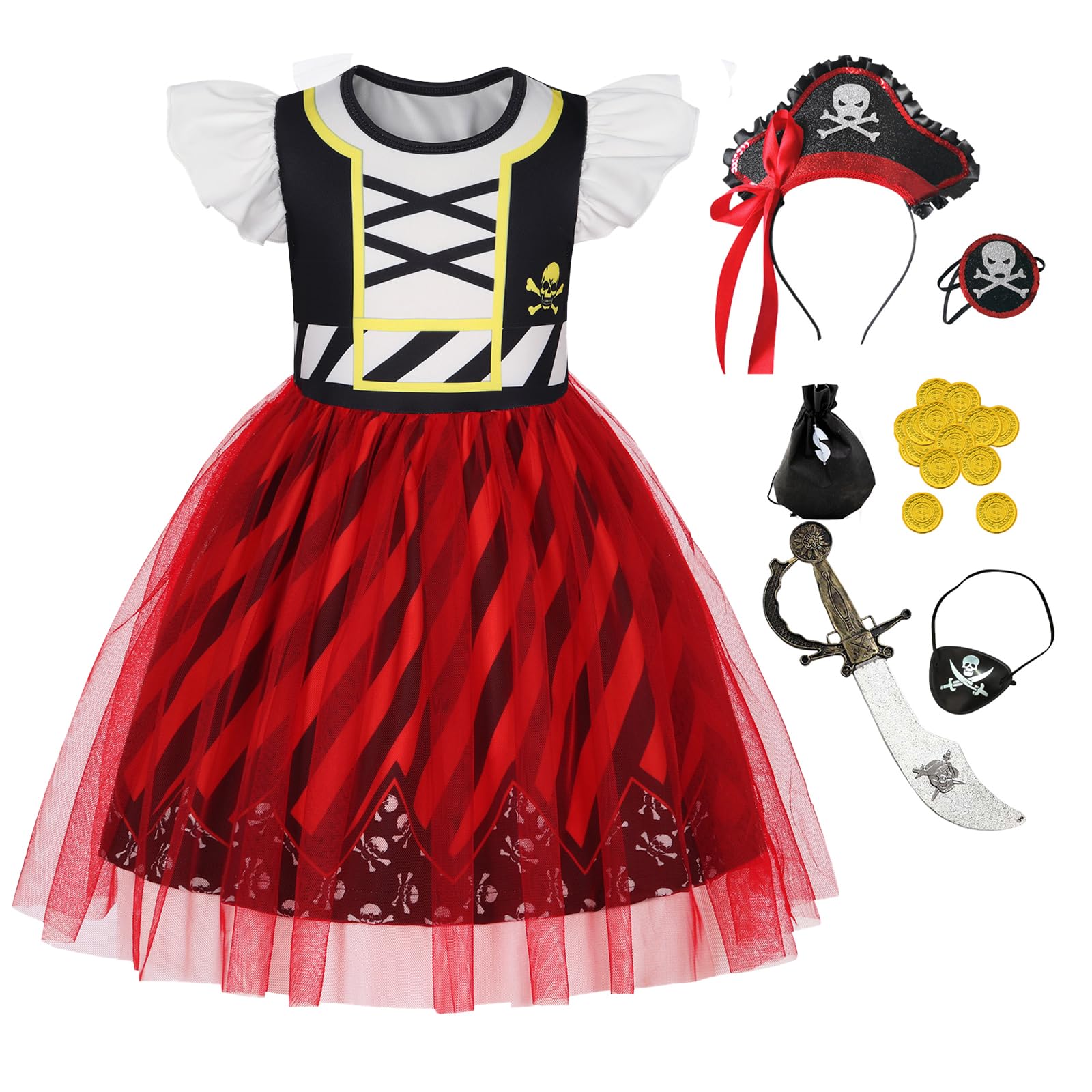 Berich Girls Pirate Dress Halloween Pretend Play World Book Day Costumes for Girls Tulle Dress with Eye Patch Kids Pirate Costume 7-8 Years(Red,140)