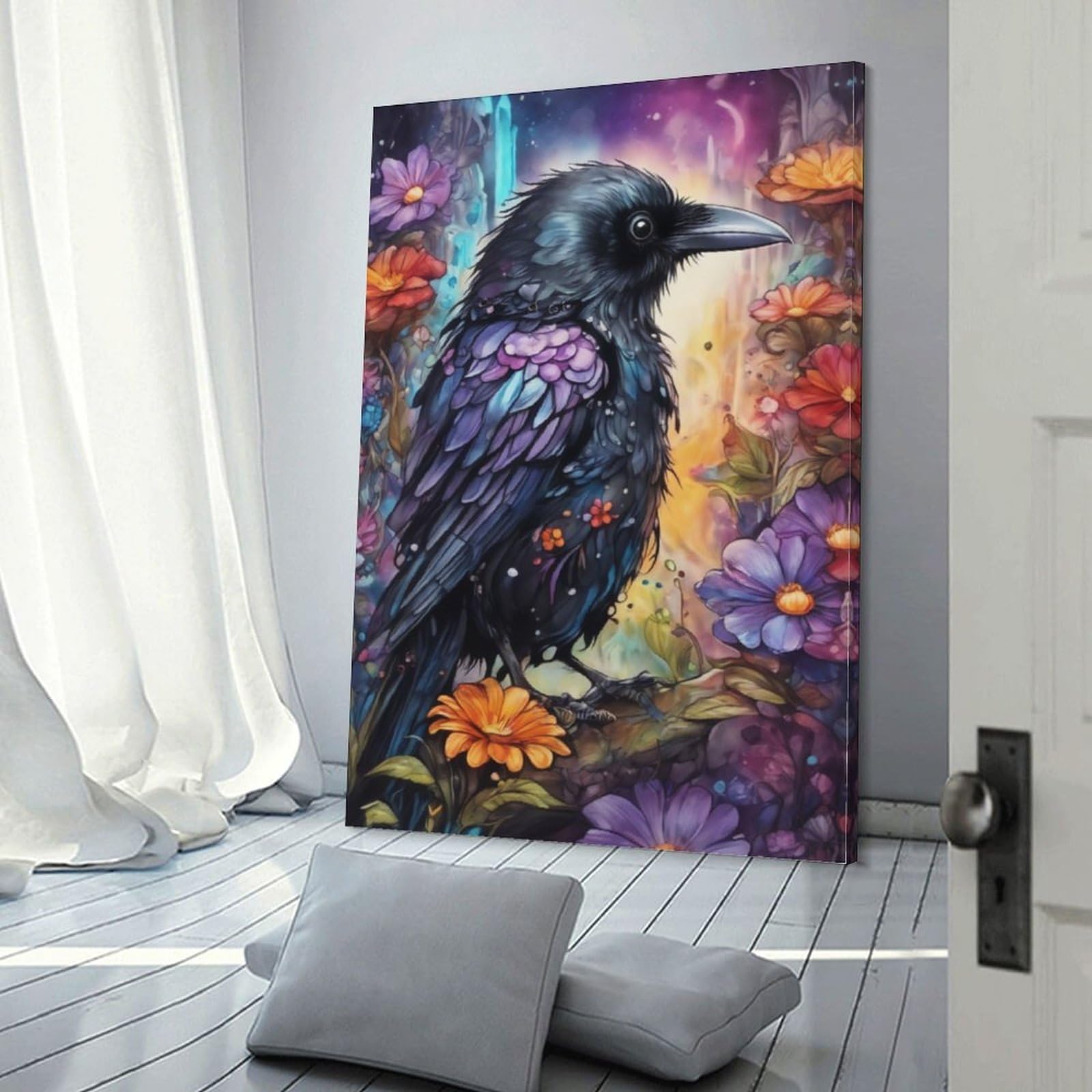 Amazon.co.jp: 絵画 花の中の黒いカラスインテリア 絵画 超リアルな