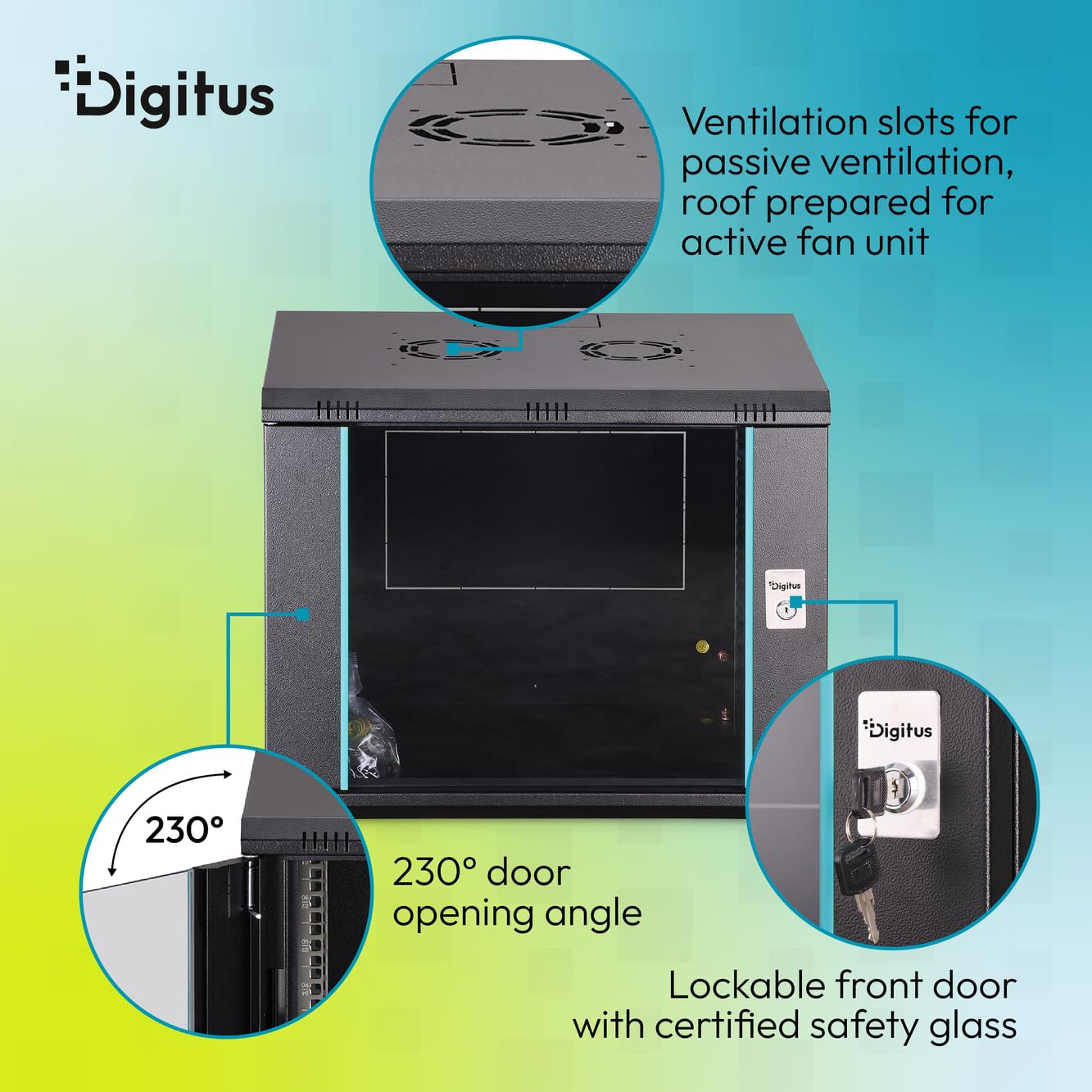 DIGITUS Armario de Red – Rack de 19" 9U – Sin Montar – Montaje en Pared – Profundidad: 450 mm – Profundidad útil: 320 mm – Capacidad de Carga: 60 kg – Puerta de Cristal – Serie Dynamic-N – Negro