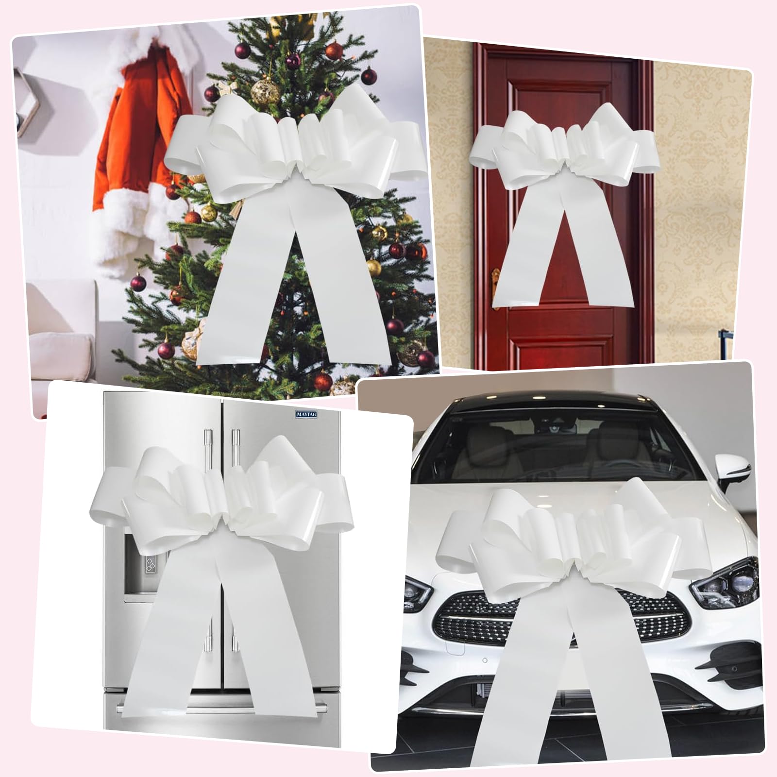 Grand Nœud Cadeau Blanc 76 cm pour Voiture Mariage avec Ventouses et Ruban Adhésif Double Face
