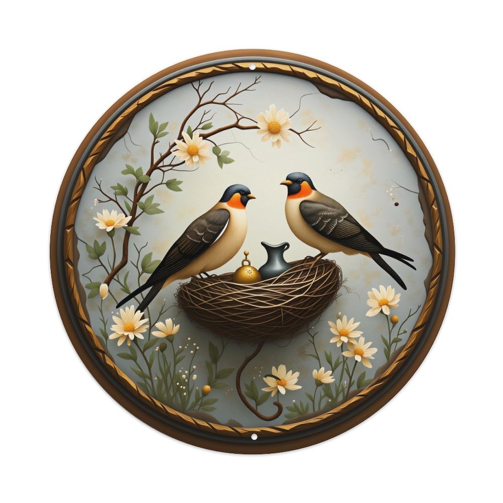 Birds Nest Flowers Branches Vase Spring Round Vintage Tin Sign,Retro Wall Art,Metal Poster for Home, Bar, Garage, Cafe, Rustic Indoor & Outdoor Decor, 8x8 Inches