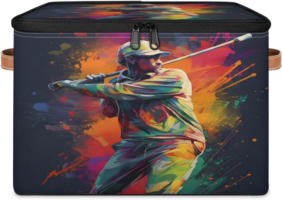 Storage Bin Set of 2 Baseball Player Storage Basket with Zipper Lid & Handle Foldable Closet Shelf 2 Pack Cloth Organizer Basket Cube Bins Clothes Organizer for Bedroom, Nursery