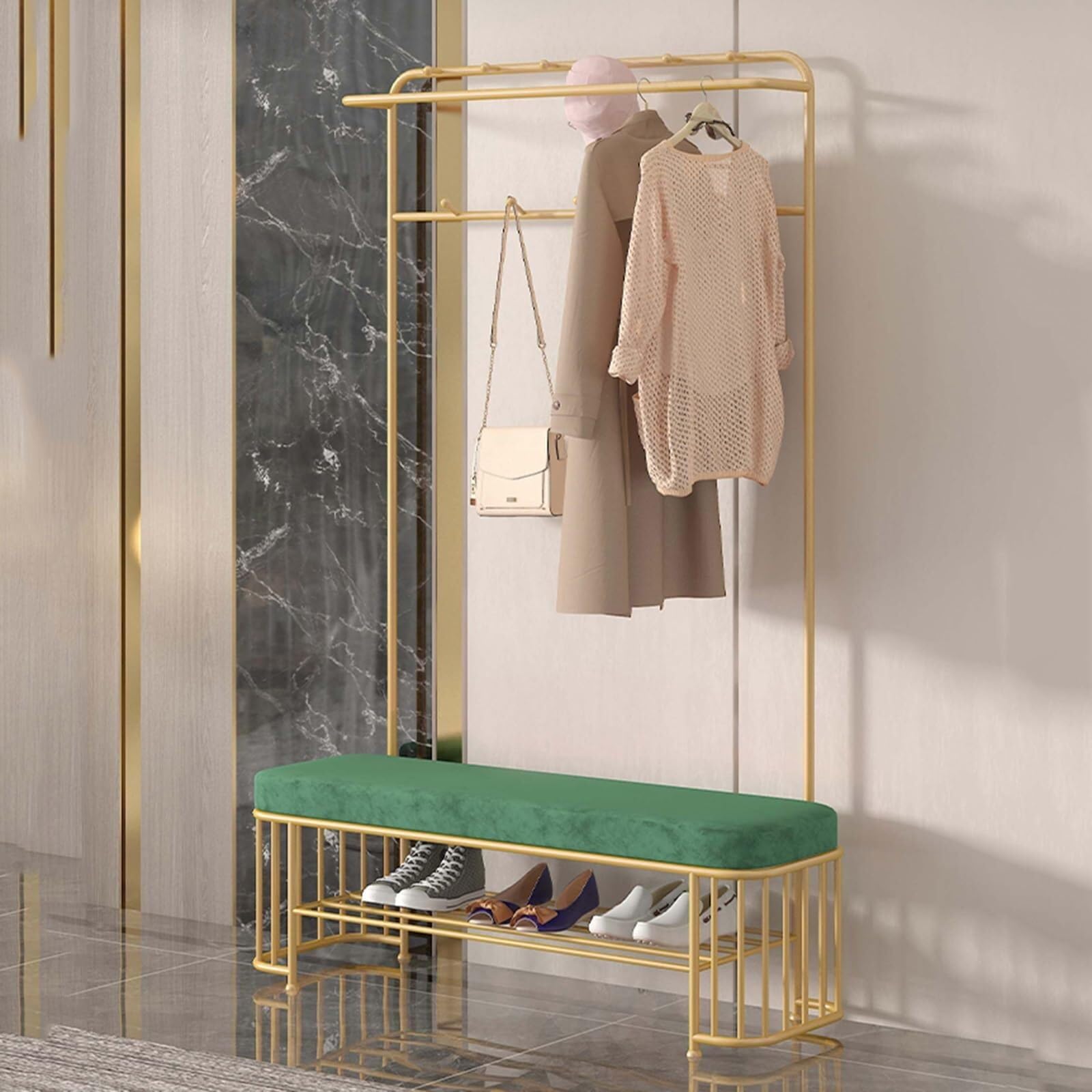 Banc d'entrée 3 en 1 vert avec porte-manteaux et rangement chaussures 50 cm