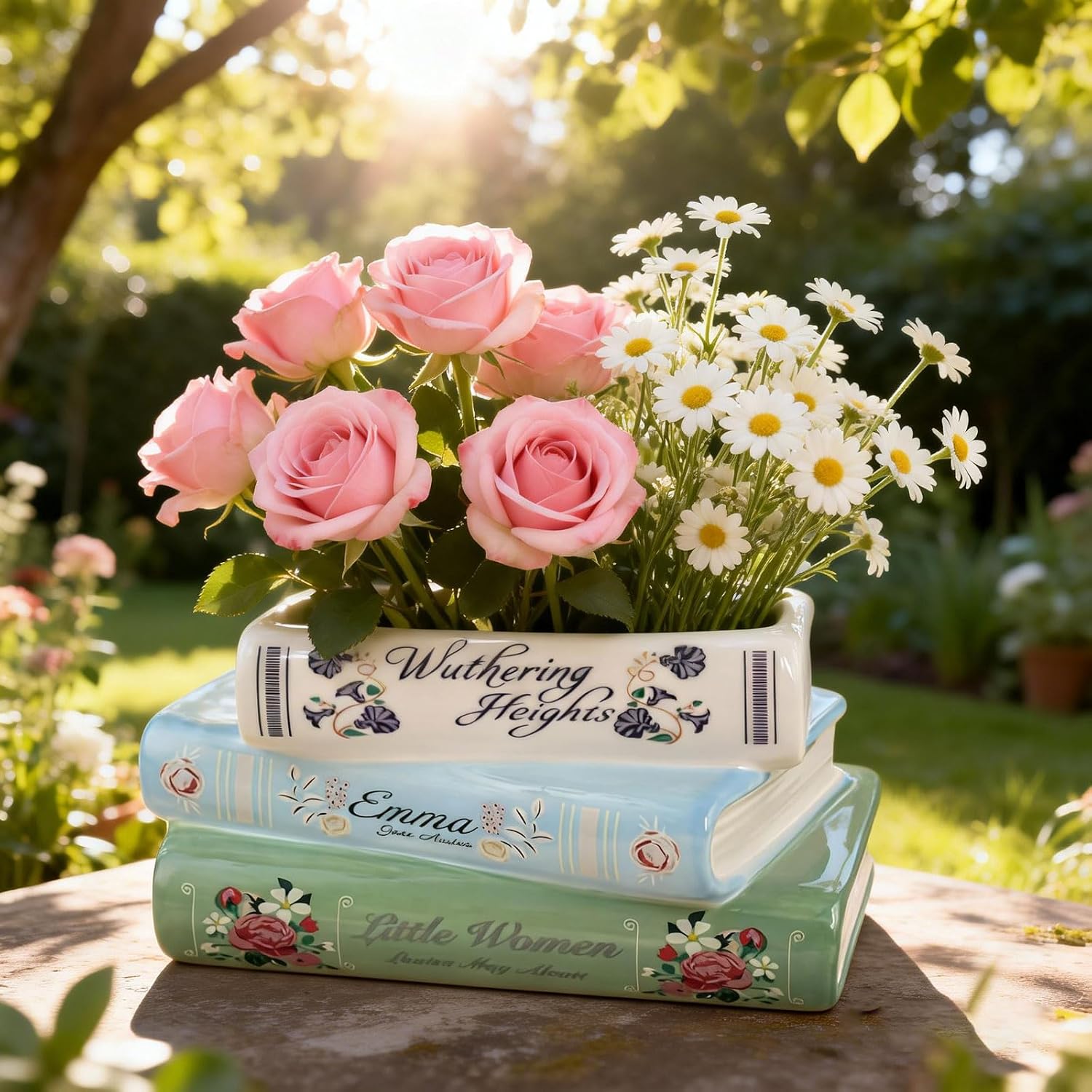 Book-Shaped Decorative Planter - Ceramic Book Vase for Flowers, Book Planter & Stacked Book Shaped Vase for Home, Office,Bookshelf for Book Lover Decor