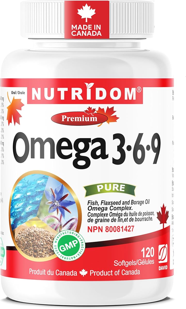 Nutridom Nutridom Triple Omega 3-6-9, 1200mg, Fish, Borage Oil & Flaxseed Oil with EPA & DHA, Supports Heart and Circulatory Health, Non-GMO, Gluten-Free, Soy & Dairy Free (120 Count)