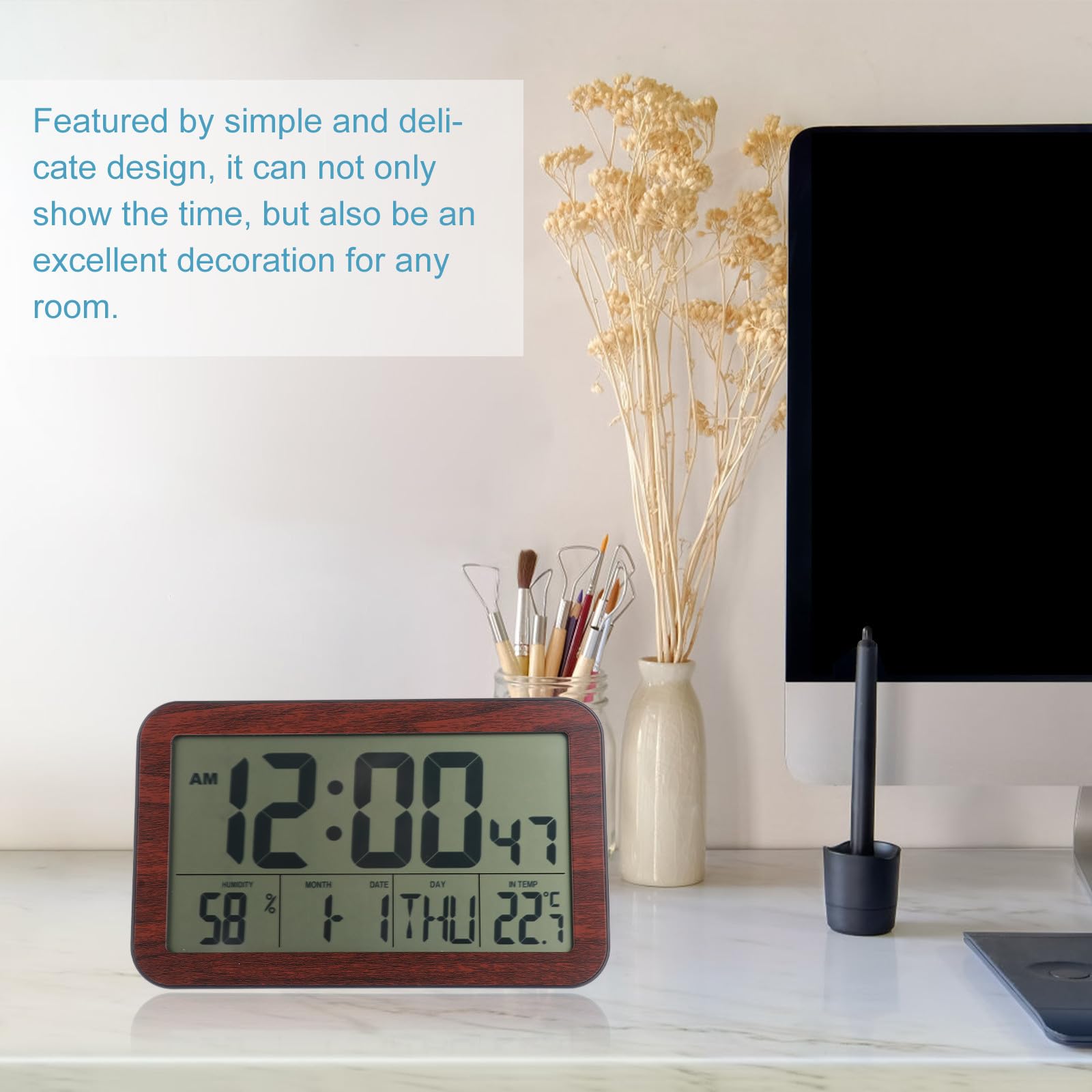 HOMSFOU Orologio Digitale da Parete Nero Calendario Perpetuo e Temperatura, Silenzioso e Auto-regolante in Plastica per Ufficio e Soggiorno Moderno