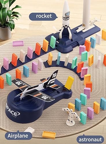 Miniatura 2 de B-Qtech Juego de 200 piezas de tren de dominó estilo espacial para niños con lanzacohetes de avión, juego de bloques de dominó de tren eléctrico,