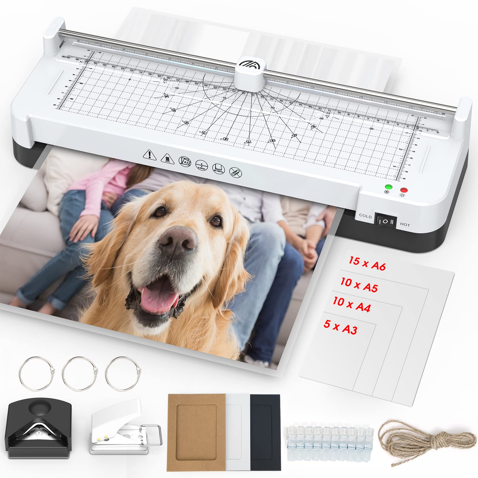 Laminator A3 Laminator 9-in-1 Laminator with 40 Laminating Pouches for A3/A4/A5/A6.13 Inch Hot and Cold Laminator Set with Paper Cutter, Corner Round, Hole Punch, for Office, Home, School