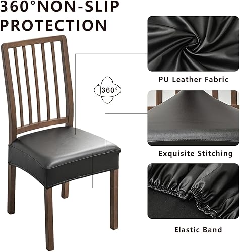 Miniatura 2 de NILUOH Juego de 6 fundas de asiento impermeables para sillas de comedor, de piel sintética, extraíbles y lavables, fundas traseras (PU-negro)