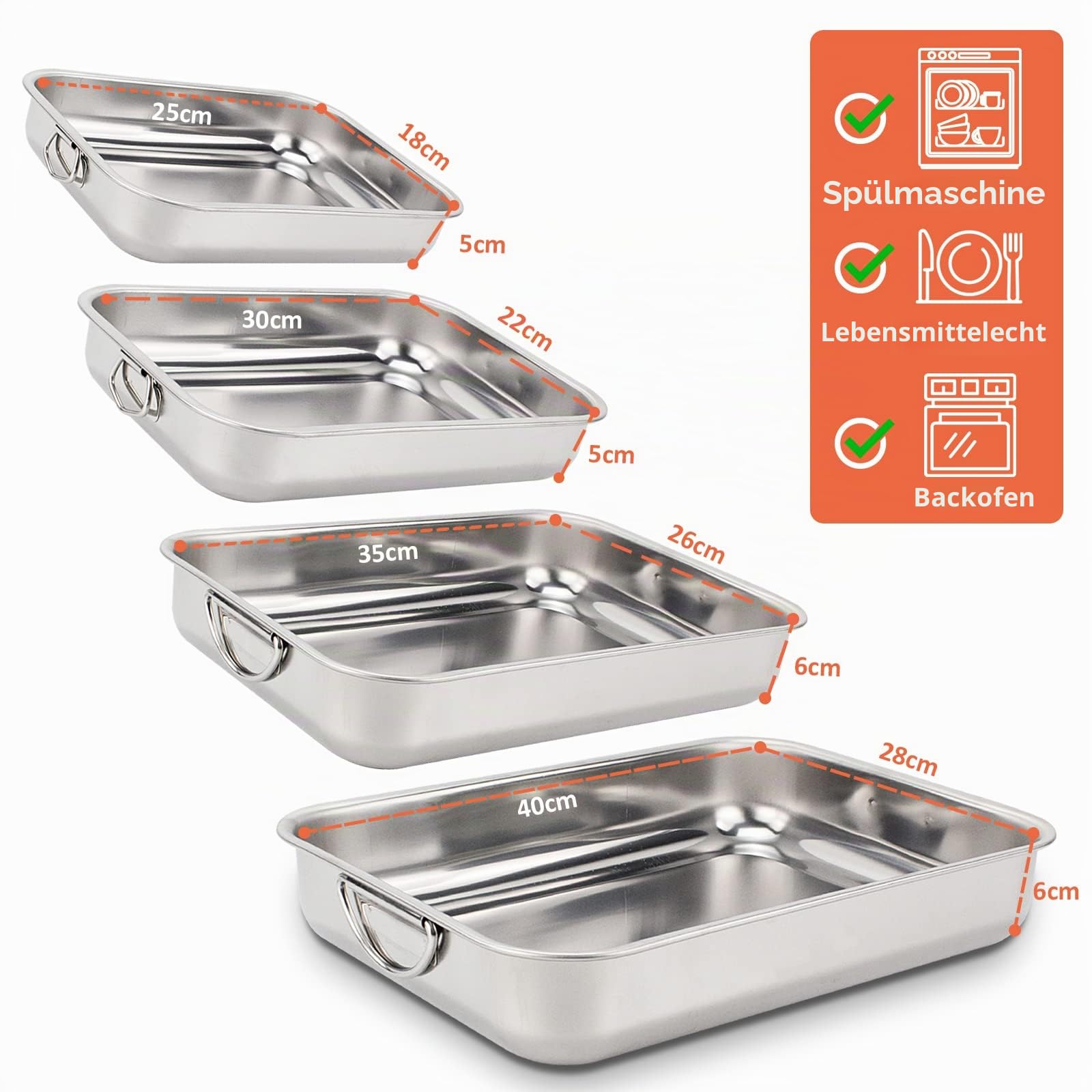 ROSSETTO Backblech Set 4-teilig Edelstahl Auflaufform Rechteckig klein Backform mit Klappbaren Griffen Rostfrei 40cm + 35cm + 30cm + 25cm, spülmaschinengeeignet