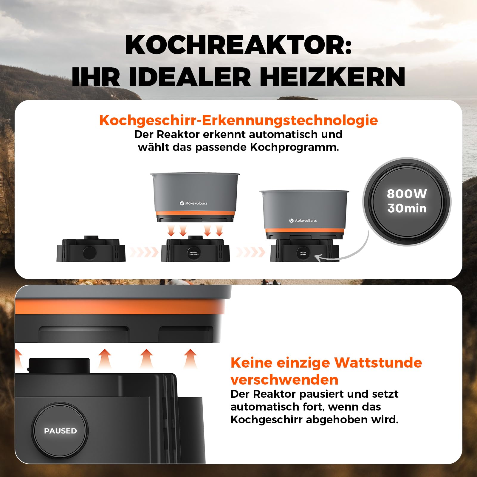 Stoke Voltaics Elektrischer Campingkocher, 200W-1000W Multikocher mit Antihaftbeschichtung & Windschutz, Überhitzungsschutz, 240V – ideal für Wohnmobil, Vanlife & Outdoor