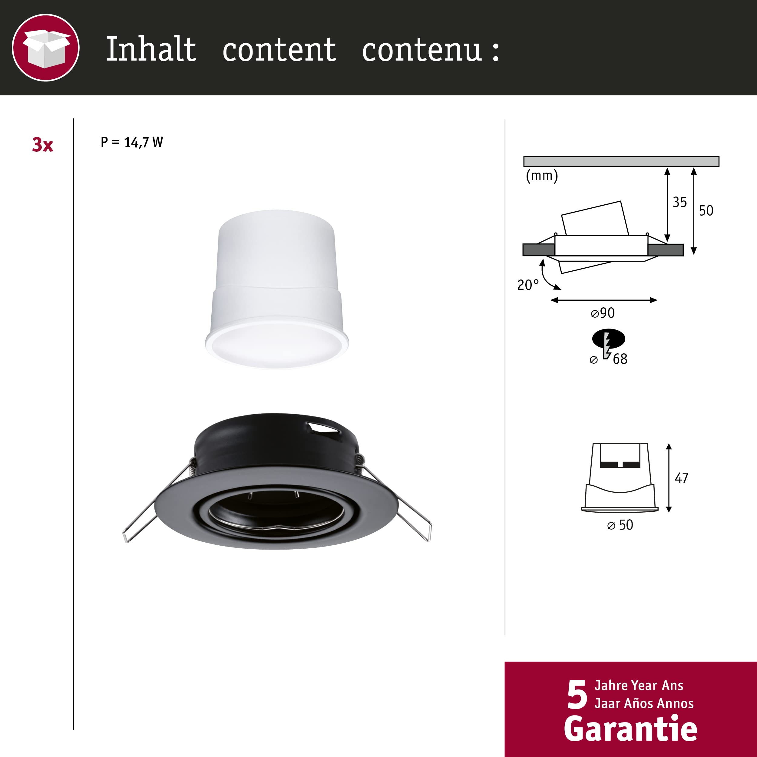 Paulmann 92465 LED Einbauleuchte Base Smart Home Zigbee Basisset schwenkbar rund 230V 3x4,9W 3x430lm dimmbar 90mm Schwarz matt Metall 3000K