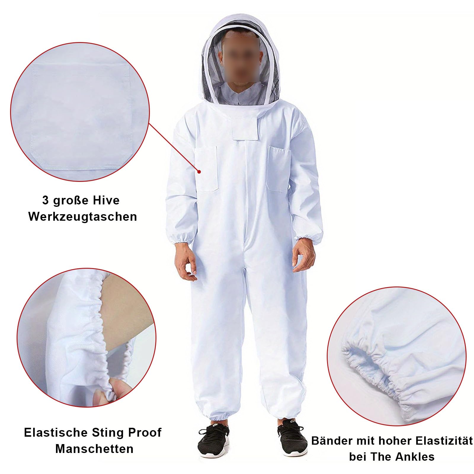 Imker-Schutzanzug mit Handschuhen, kompletter Imker-Schutzanzug, Imkerausrüstung mit Schutzmaske und Kapuze, weißer Imkeranzug für Damen und Herren (L)