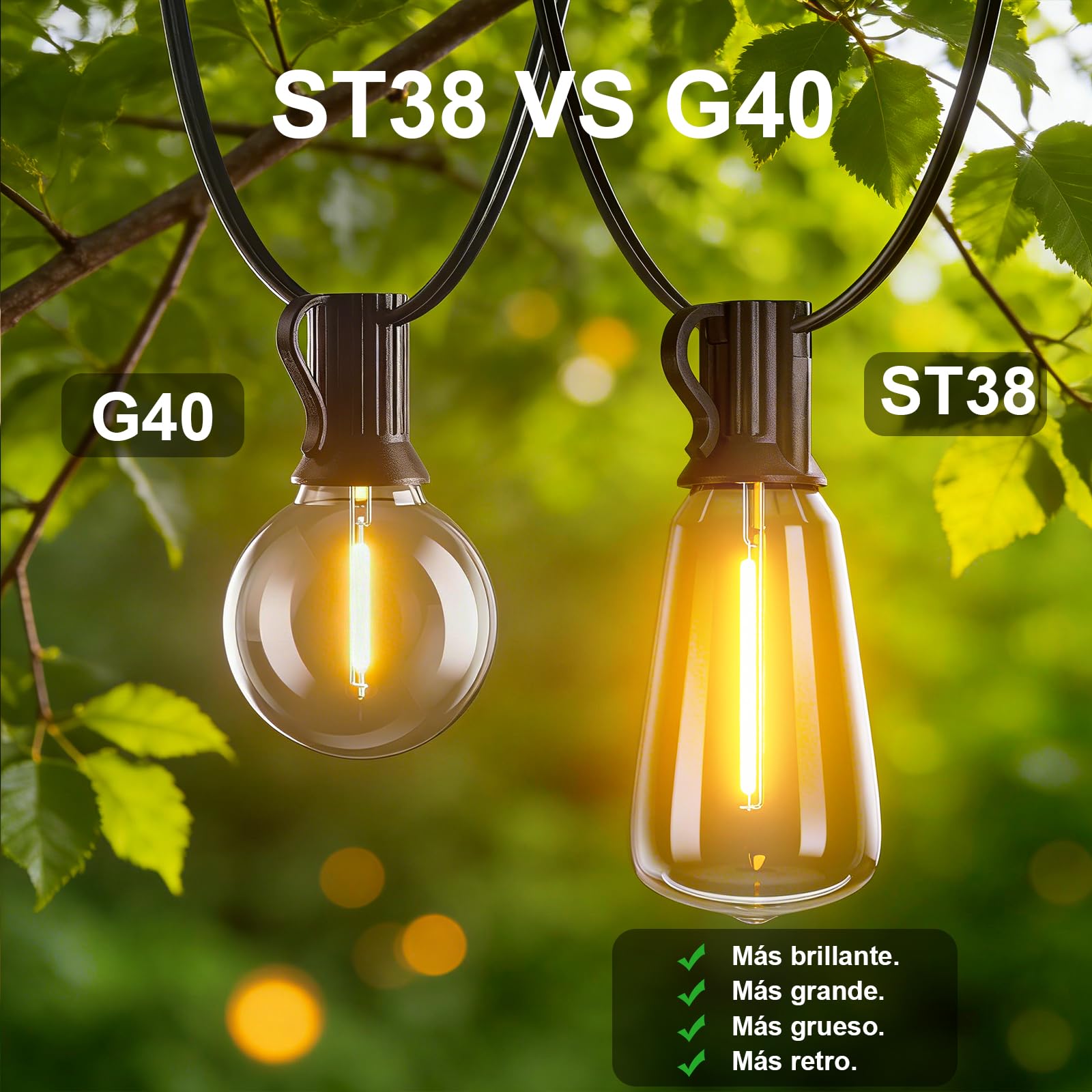 Yuusei Guirnalda Luces Exterior, Luces LED 36.6M Con Mando a Distancia | Impermeable IP45 & 2700K Blanco Cálido, Bombillas 46+2 ST38 Irrompibles para Jardin, Decoracion, Terraza, Pergolas y Toldos