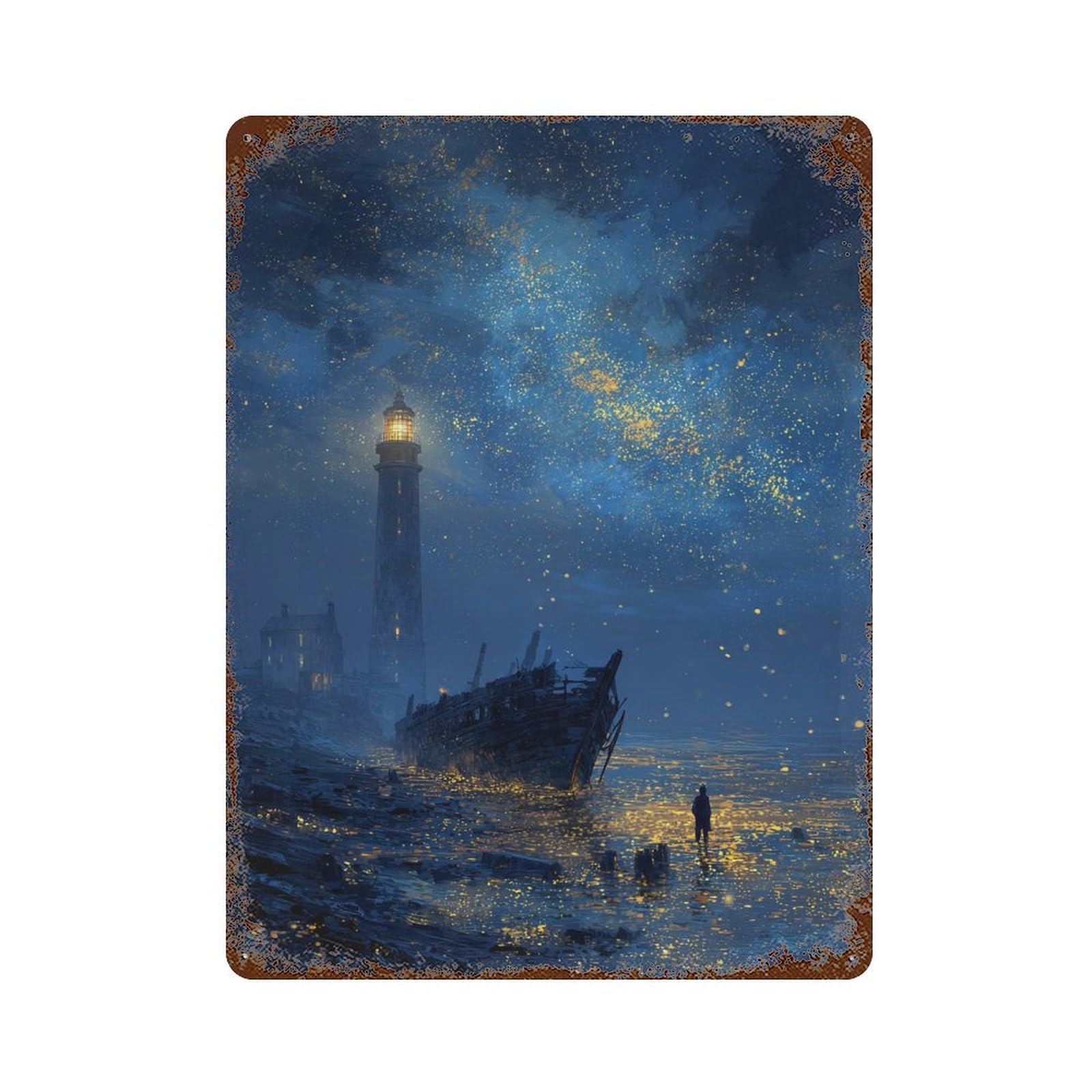 Garage Style Night Lighthouse Serenity Distressed Metal Wall Sign 15.7"x11.8", Shabby Chic Decor for Bar And Workshop