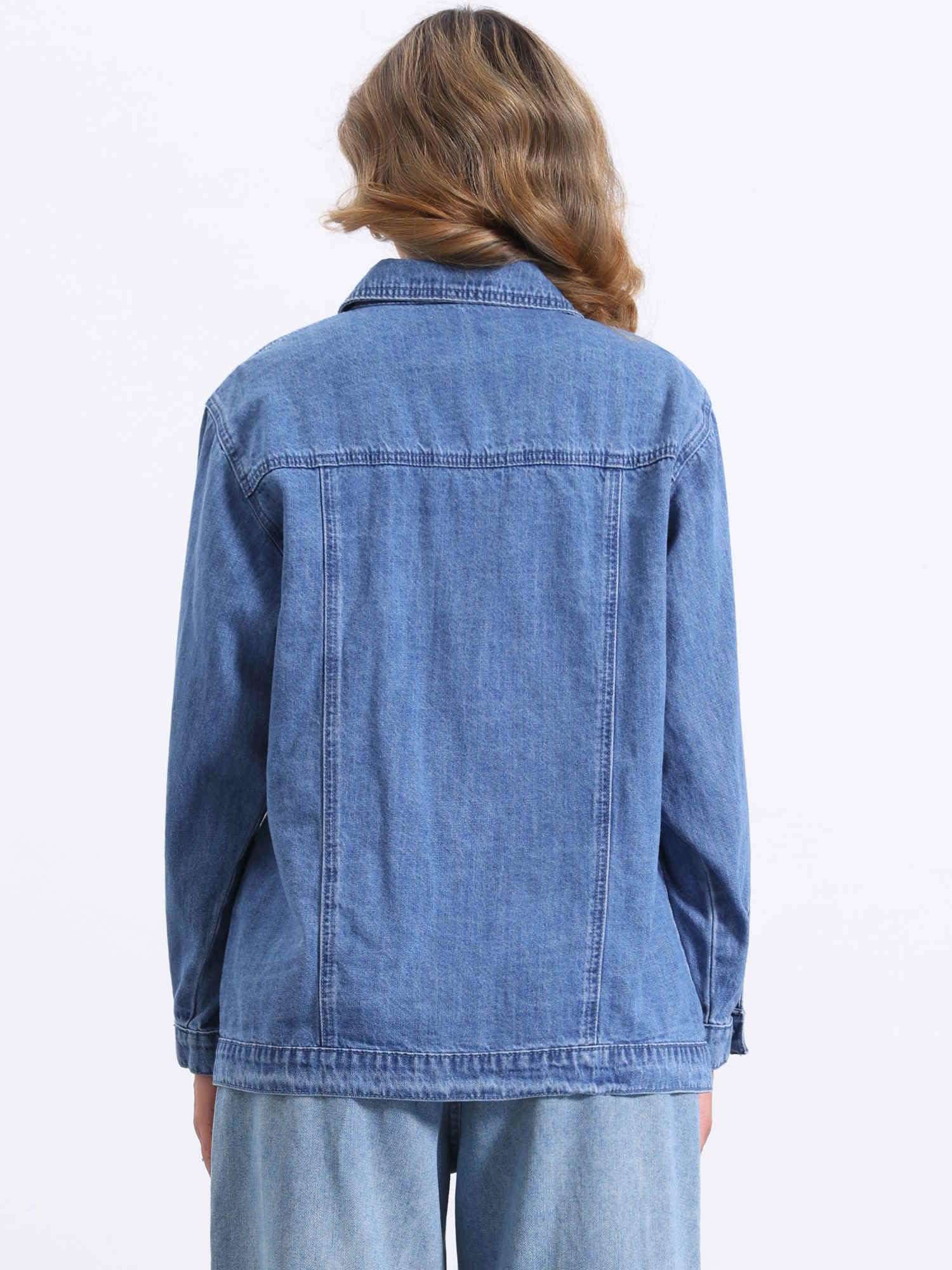 Allegra K Femme Veste en Jean Oversized Manches Longues Poches Décontractée