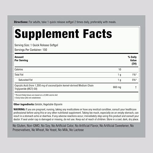 Miniatura 2 de Piping Rock Ácido caprílico 660 mg  150 cápsulas de gel suave  Suplementos para mujeres  Sin OMG, sin gluten