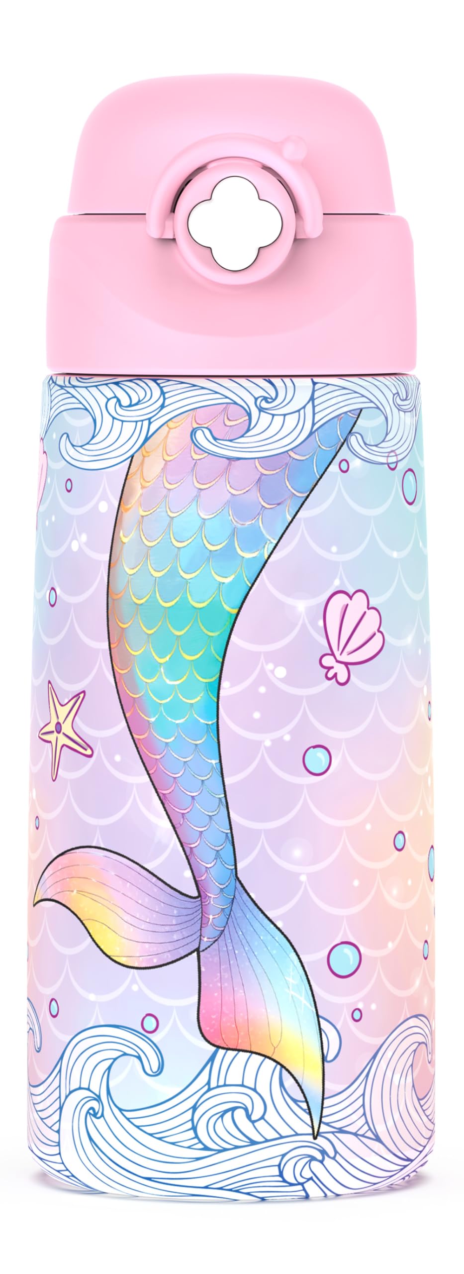 Ntswasd Girls Insulated Water Bottle with Covered Pop-Up Straw,16 oz Kids Cups with Stainless Steel Leak Proof for School Pink（Mermaid）