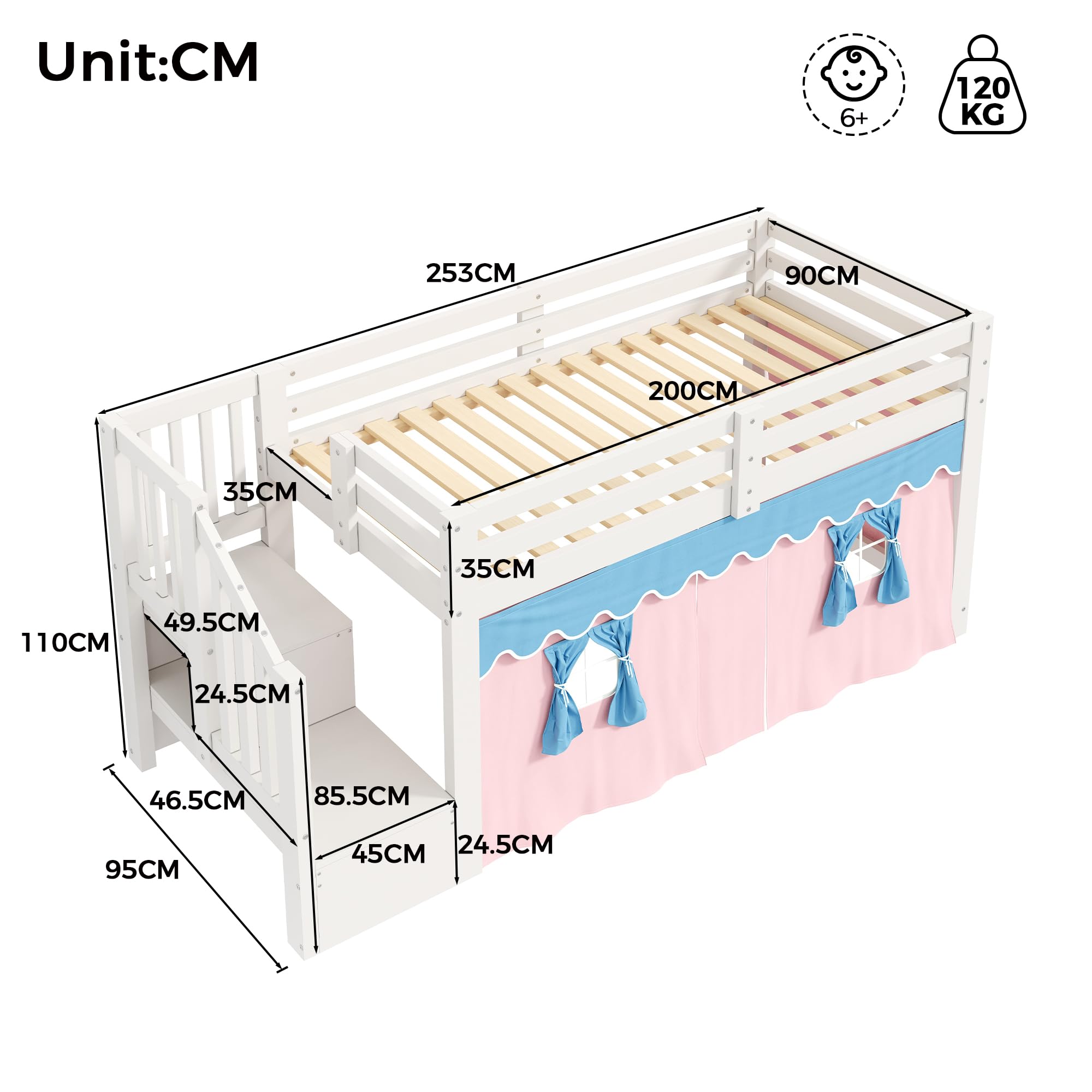 Sapgaks Lit Mezzanine Enfant 90x200 cm Con Bande LED,Rideaux occultants, Espace Ouvert sous Le lit,lit mi Hauteur en pin,sans Matelas,Blanc