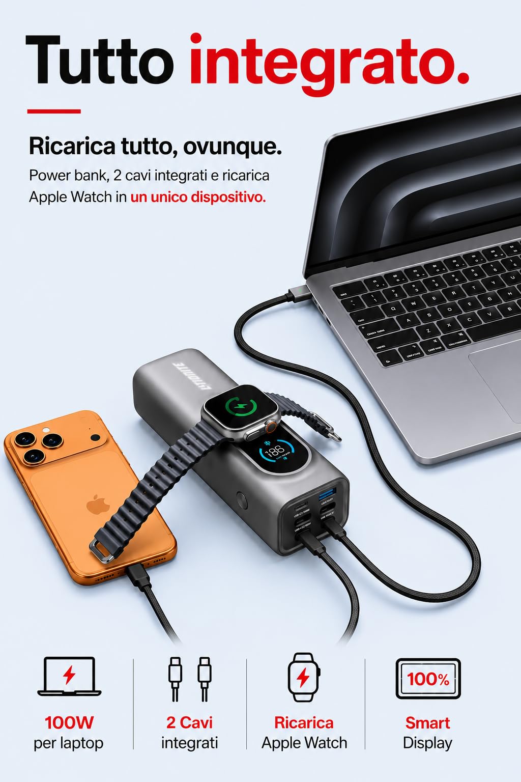 LITIONITE Numo Power Bank 25000mAh 170W con Cavi USB-C Integrati (100W), Ricarica Magnetica compatibile con Apple Watch, Caricatore Portatile per PC portatile e MacBook, iPhone, iPad e Nintendo Switch