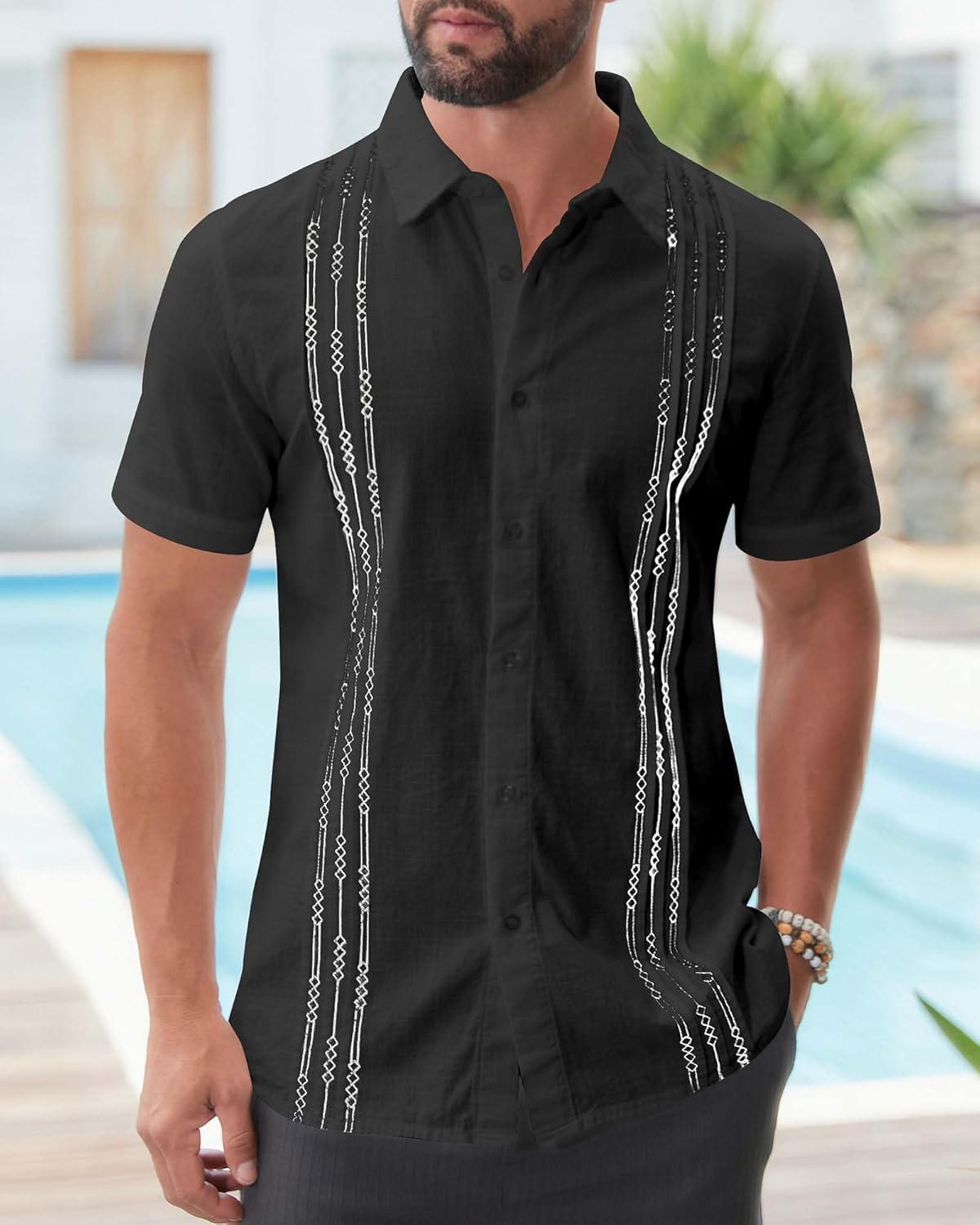 Mens Linen Guayabera Shirts Short Sleeve Summer Beach Casual Cuban Shirt - Image 4