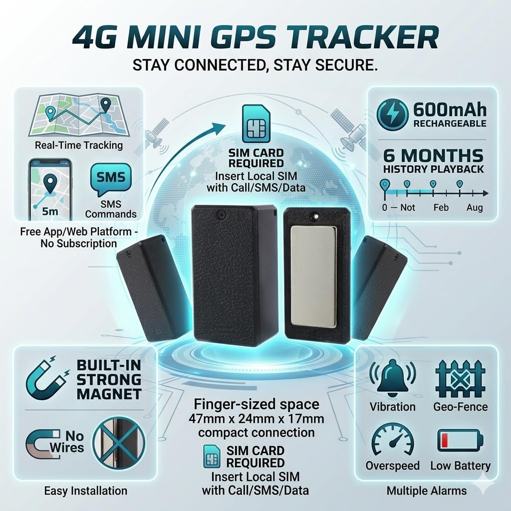 TKMARS Mini Auto 4G GPS Tracker Ohne ABO, Echtzeit Ortung per APP & SMS, Magnetisch, Hohe GPS-Genauigkeit, Bewegungsalarm, Geo-Zaun, Verlauf 6 Monate, SIM Karte Erforderlich für Auto Kinder Gepäck