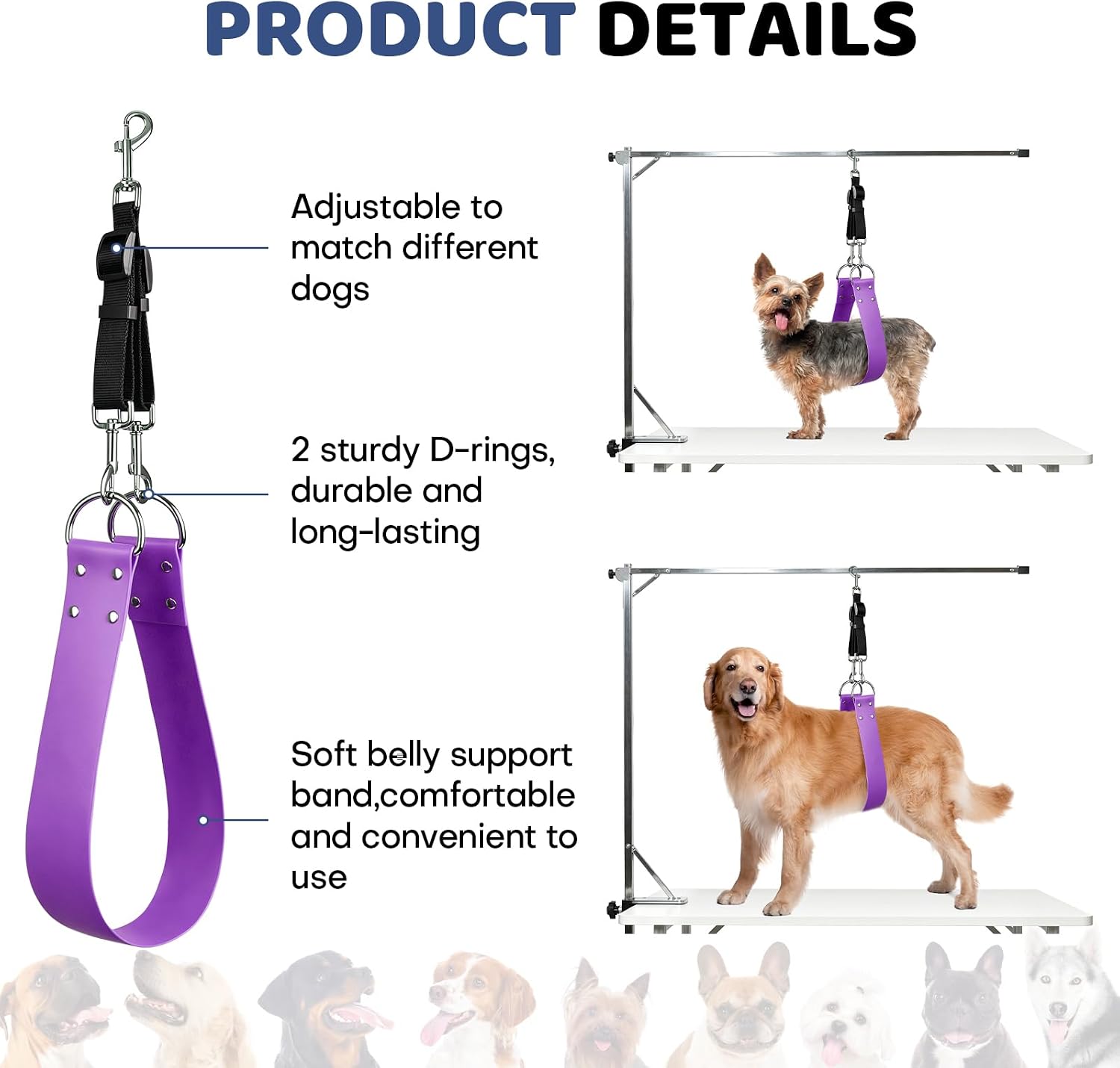 Dog Grooming Belly Strap, 2-Inch (5 cm) Extra Wide Waterproof PVC Support Band with Adjustable Restraint Loop for Pet Bathing and Hair Trimming, Purple, Medium image 3