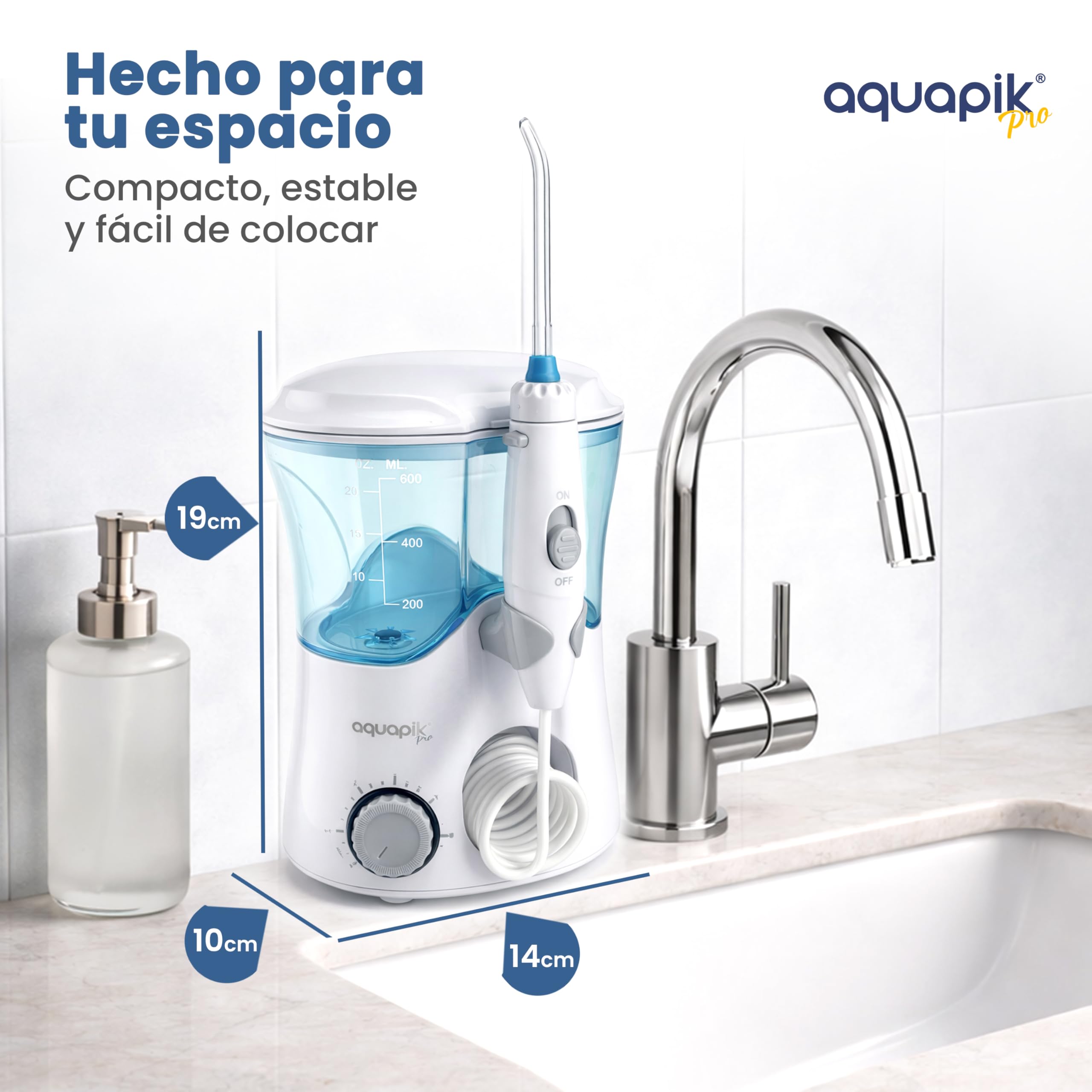 Aquapik PRO Irrigador dental Irrigador Bucal sobremesa 10 niveles de presión 600 mL 8 boquillas water flosser IPX7 Impermeable Limpieza Dental Elimina la placa Protege las encías y cuida tu ortodoncia