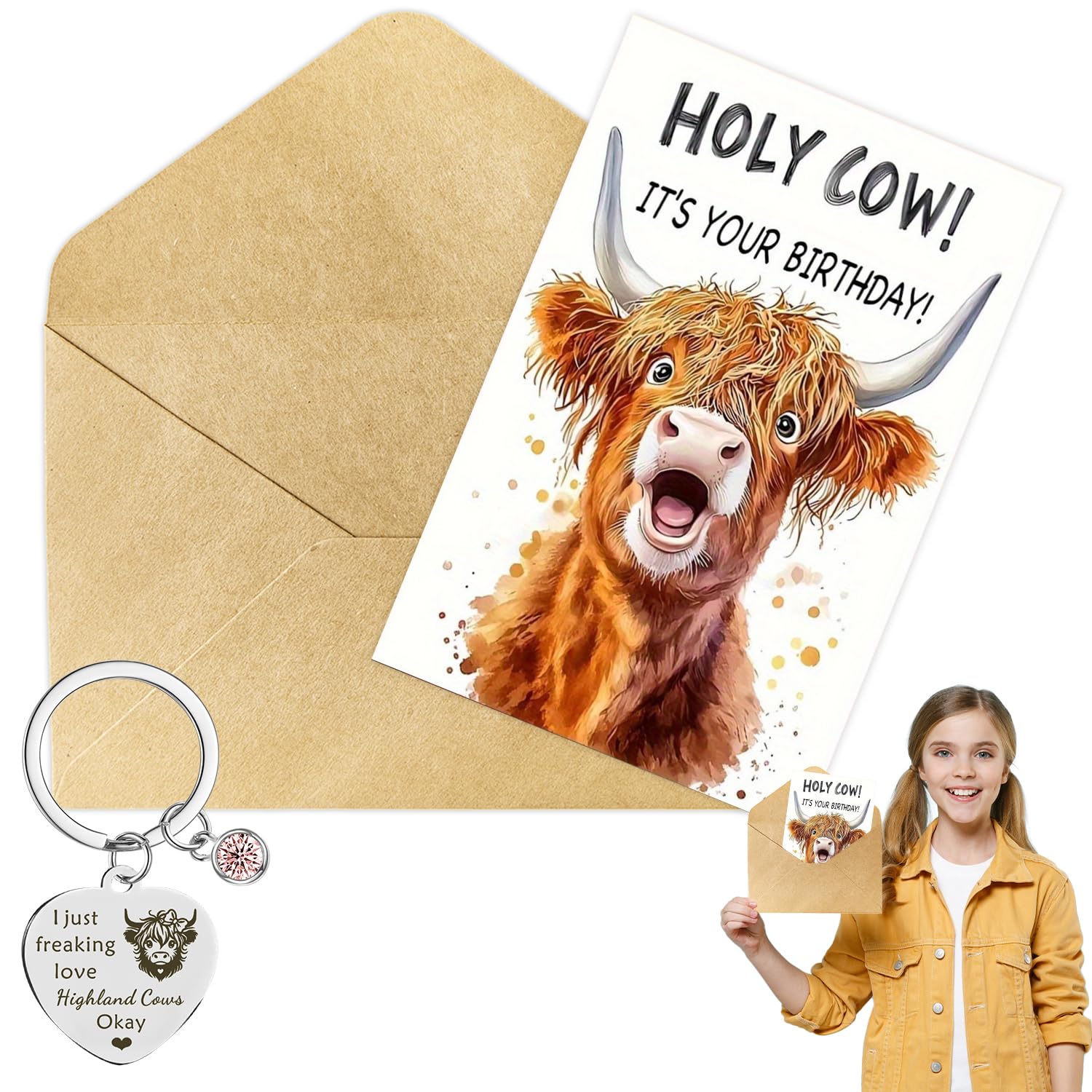 Highland Cow Card, Funny Birthday Card With Keychain Highland Cow Birthday Card with Envelope Cow Gifts for Women Mum Wife Daughter Sister Friend (Set B)