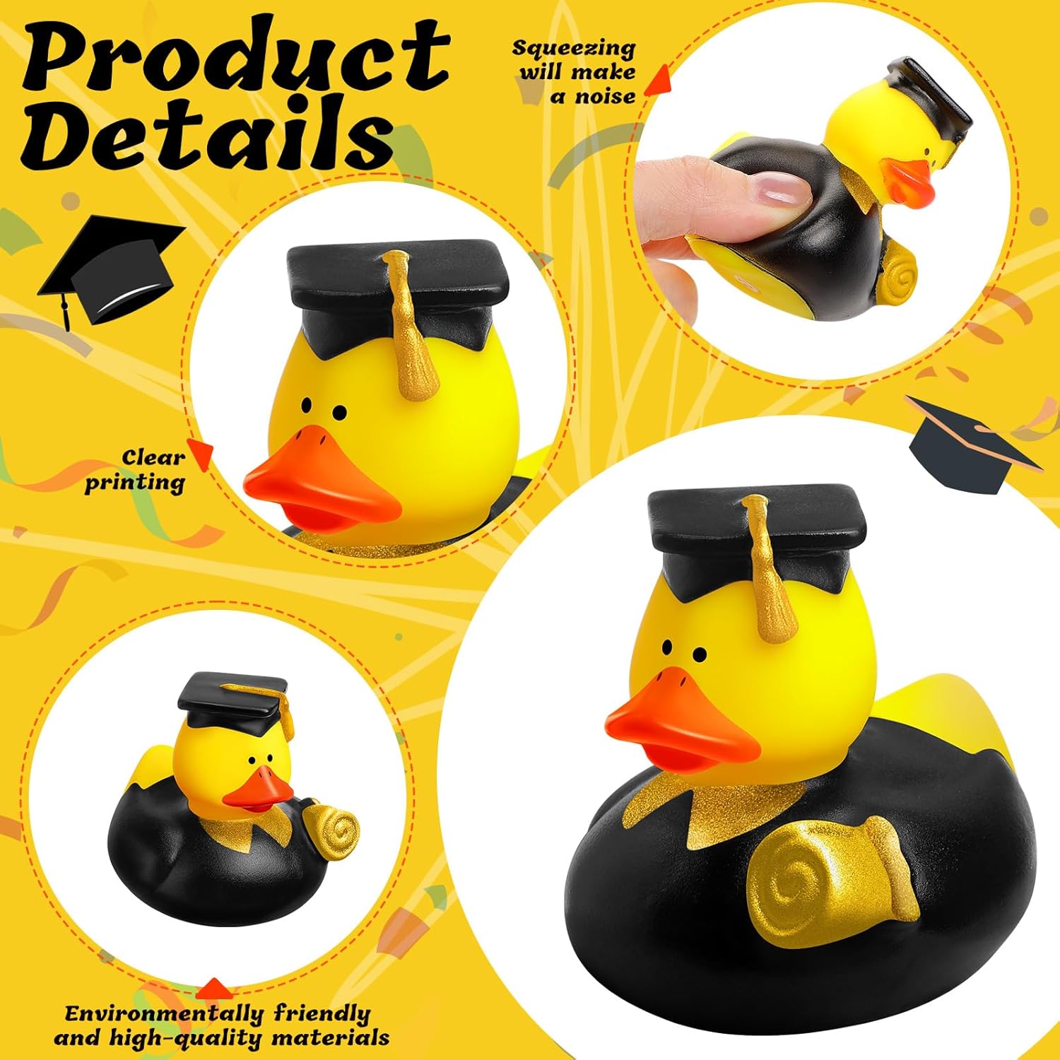 Sratte 24 Pack 2" Graduation Ducks Bulk Rubber Ducks Class of 2026 Squeaky Stress Relief Diploma Grad for Cruise Student Adult Graduates Gift Prize Party Decorations School College(Black, Gold)