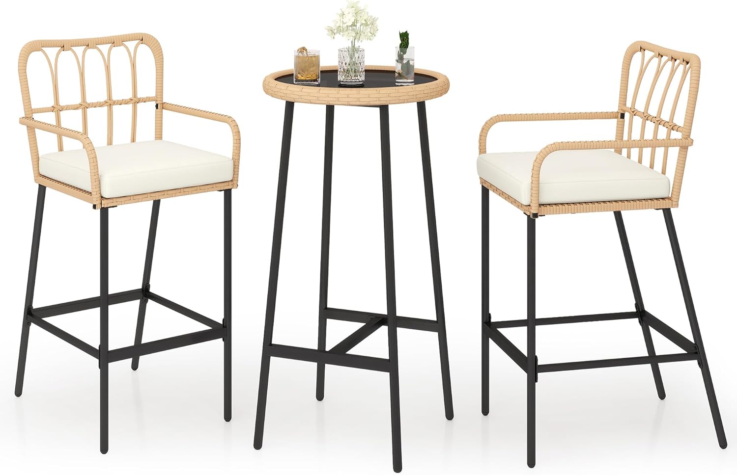 3 Pieces Outdoor Bar, Wicker Outdoor Bar Table and Outdoor Bar Stool Set of 2, Outdoor Bar Set with Thick Lumbar Pillow for Backyards, Porches-Beige