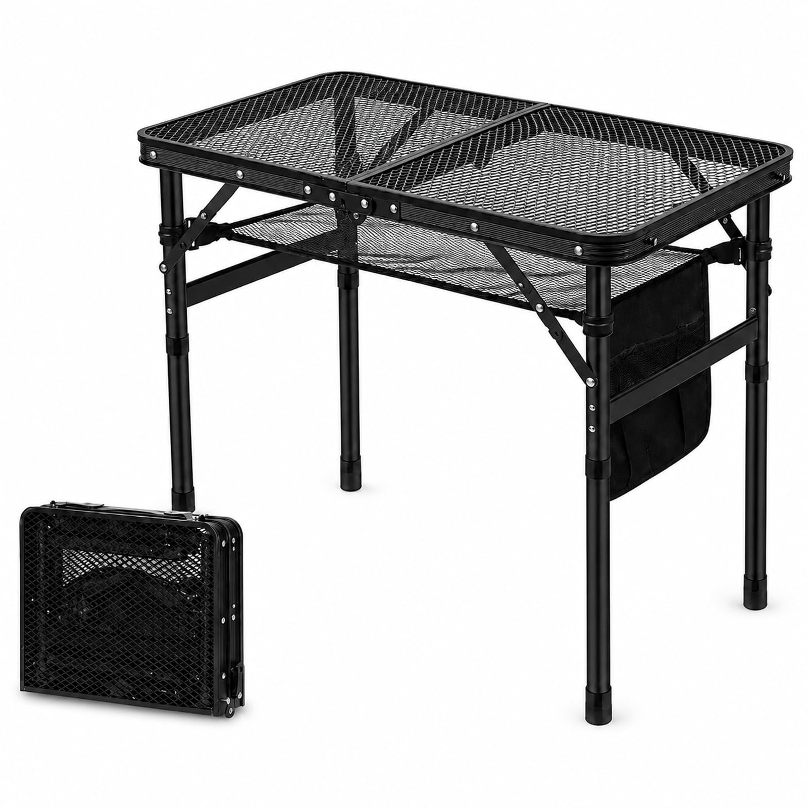 GOOGO Tavolo grill pieghevole da esterno, 60 x 40 x 56 cm, tavolo da campeggio con gambe rialzate e piano a griglia, per BBQ, balcone, picnic e bancarella (nero)