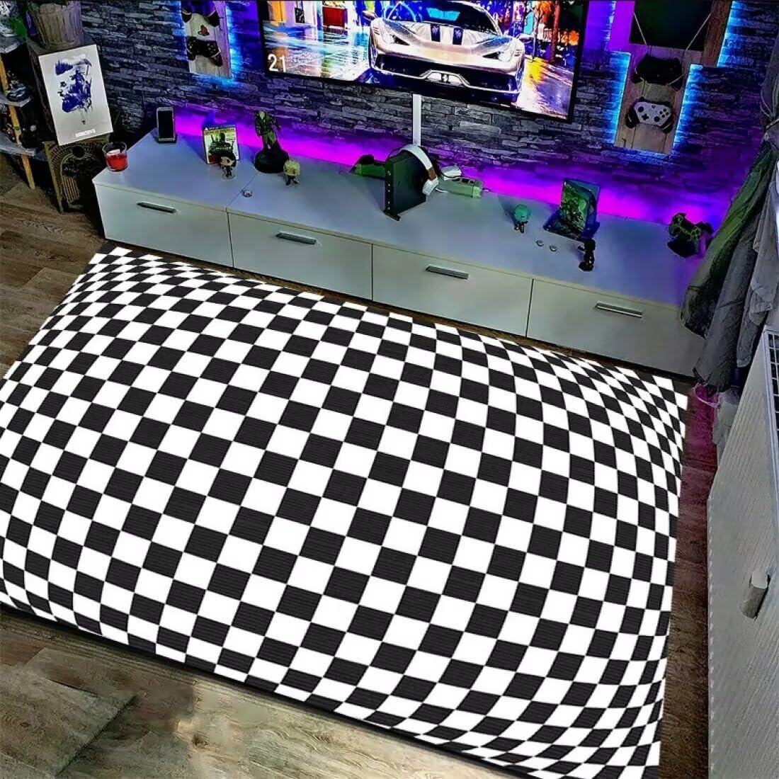 Kleiner Teppich Rund Wohnzimmerzubehör schwarz-weißes Gittermuster warm und bequem pflegeleicht 160X230CM