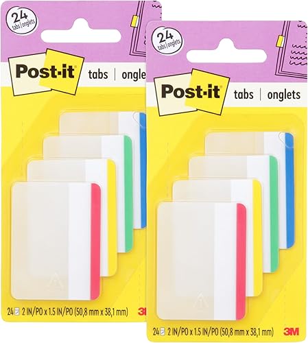 Post-it Pestañas, 2 pulgadas, forradas, colores primarios surtidos, 6 pestañascolor, 4 colores, 24 pestañaspaquete (686F-1) (paquete de 2)
