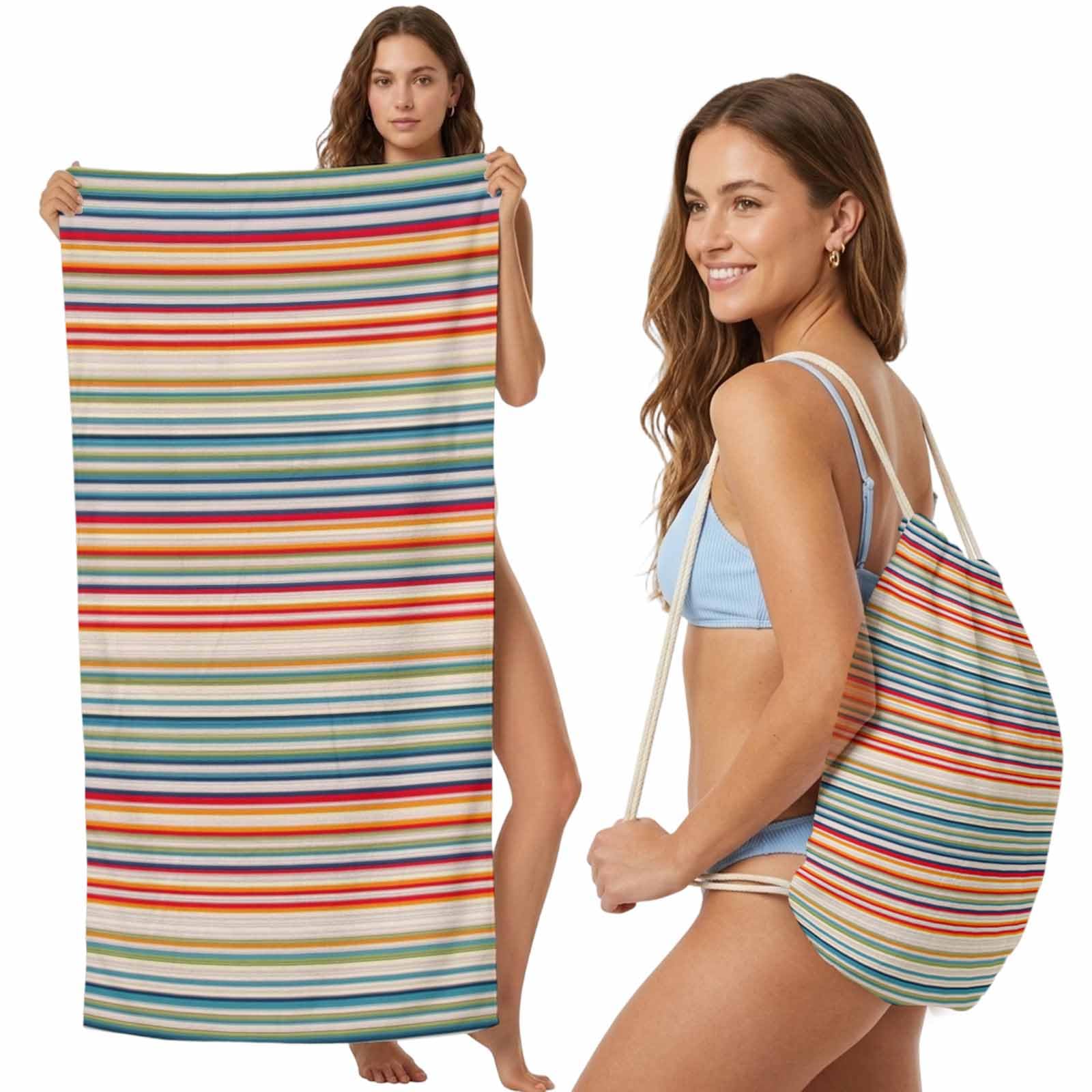 Beach Towel Bag 2 in 1 Colorful Lines Waves Bath Pool Towels Backpack Horizon Stripes Absorbent Beach Towel Soft Quick Dry Lightweight Packable Towels Drawstring Bag for Travel Camping Sports Yoga