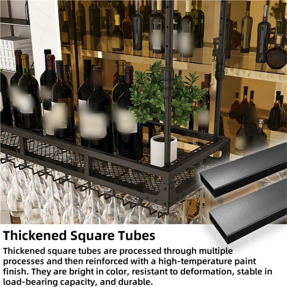 Adjustable Metal Hanging Wine Rack with Glass Holder - Industrial Ceiling Wine Bottle Storage for Home, Kitchen, Coffee Shop - Black, 23.6x13.8in