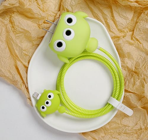 Miniatura 6 de Funda protectora de cargador de dibujos animados 3D, compatible con adaptador de corriente USB-C de 20 W y cable Lightning (alienígenas verdes)