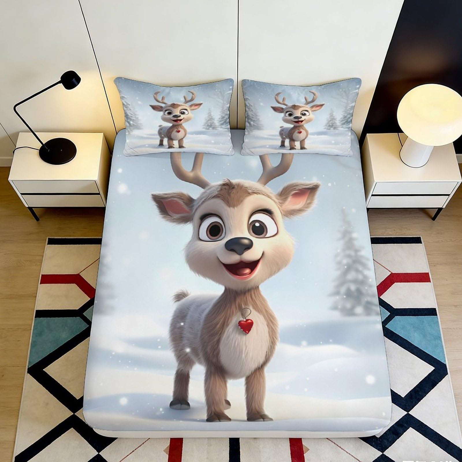 3D Printed Cute Reindeer Fitted Sheet Microfiber Soft Breathable Winter Snow Mattress Cover for Bedroom Dormitory Guest Room Protection Decoration 140x200x25cm