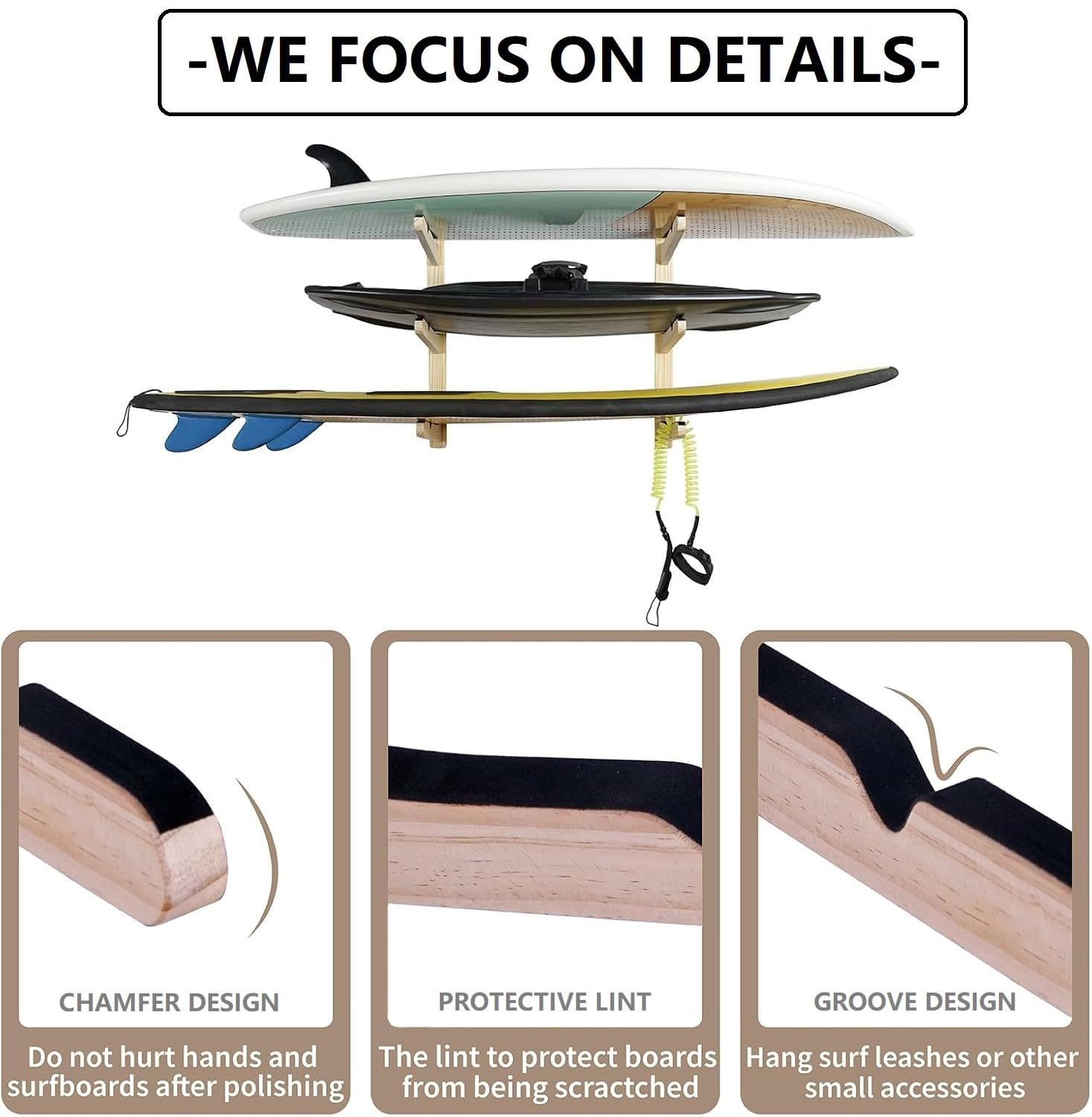 LINGVUM Surfboard Wall Mount Surfboard Rack for Wall Surfboard Storage Racks for Longboards Shortboards Wakeboard Kiteboard and Snowboards, 3 Boards Display Works Indoor and Outdoor