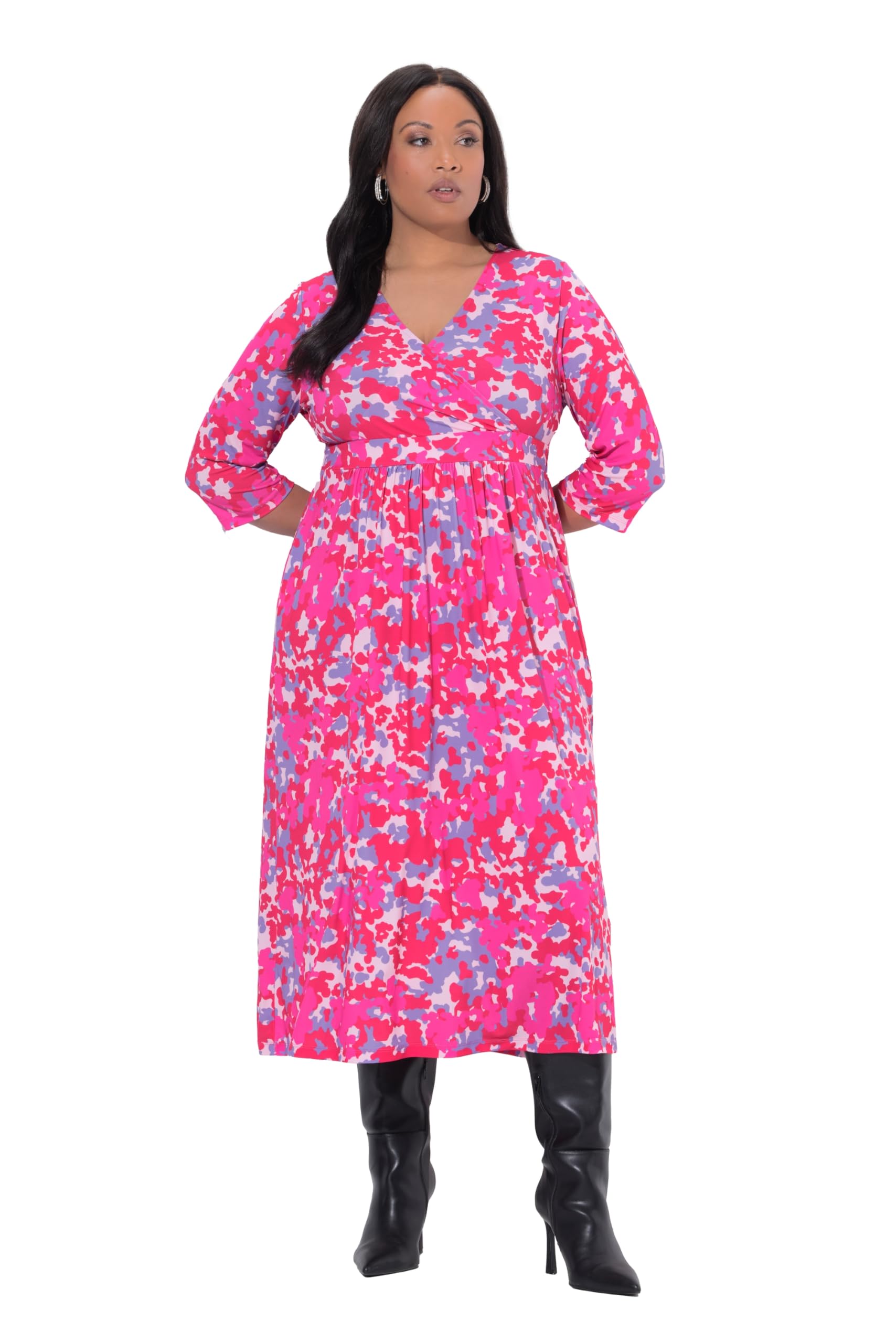 Ulla Popken Damen große Größen Übergrößen Plus Size Maxikleid, Wickeloptik, A-Linie, V-Ausschnitt, 3/4-Arm 847106