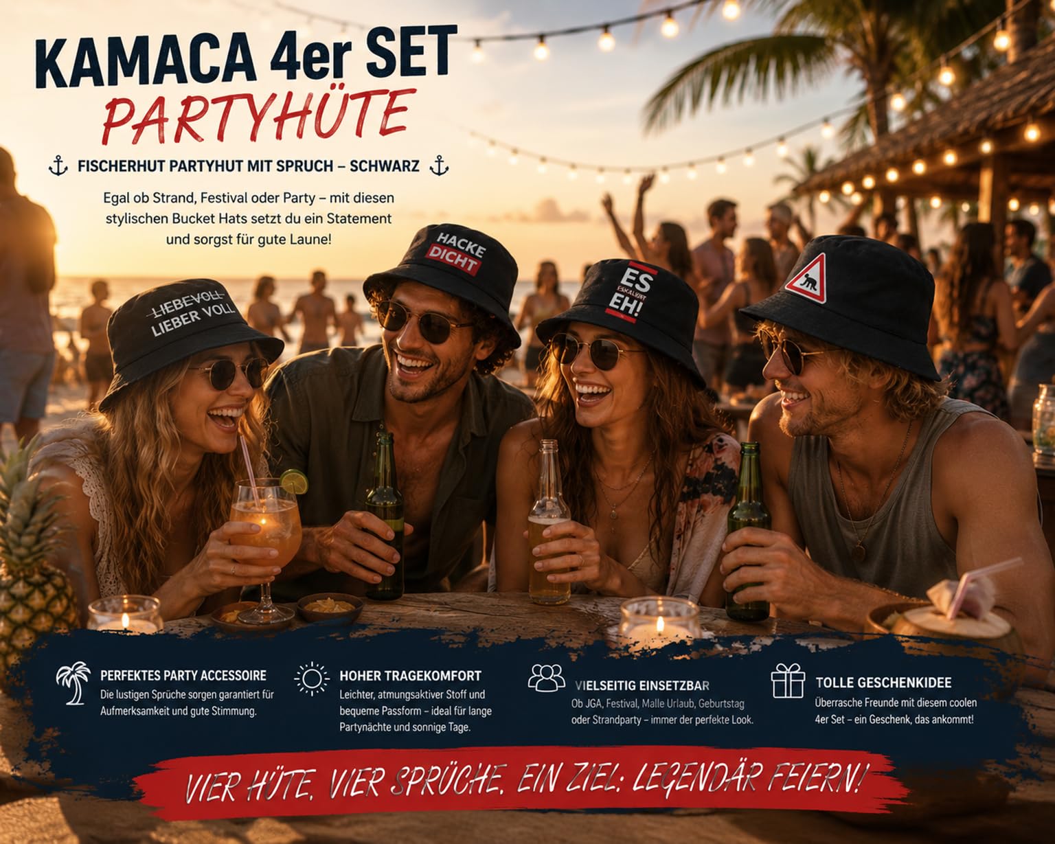 KAMACA 4er Set Fischerhut Partyhut mit Spruch – Bucket Hat – Lustige Partyhüte für Festival, Mallorca Urlaub, JGA, Strand & Sommerparty – Einheitsgröße Unisex