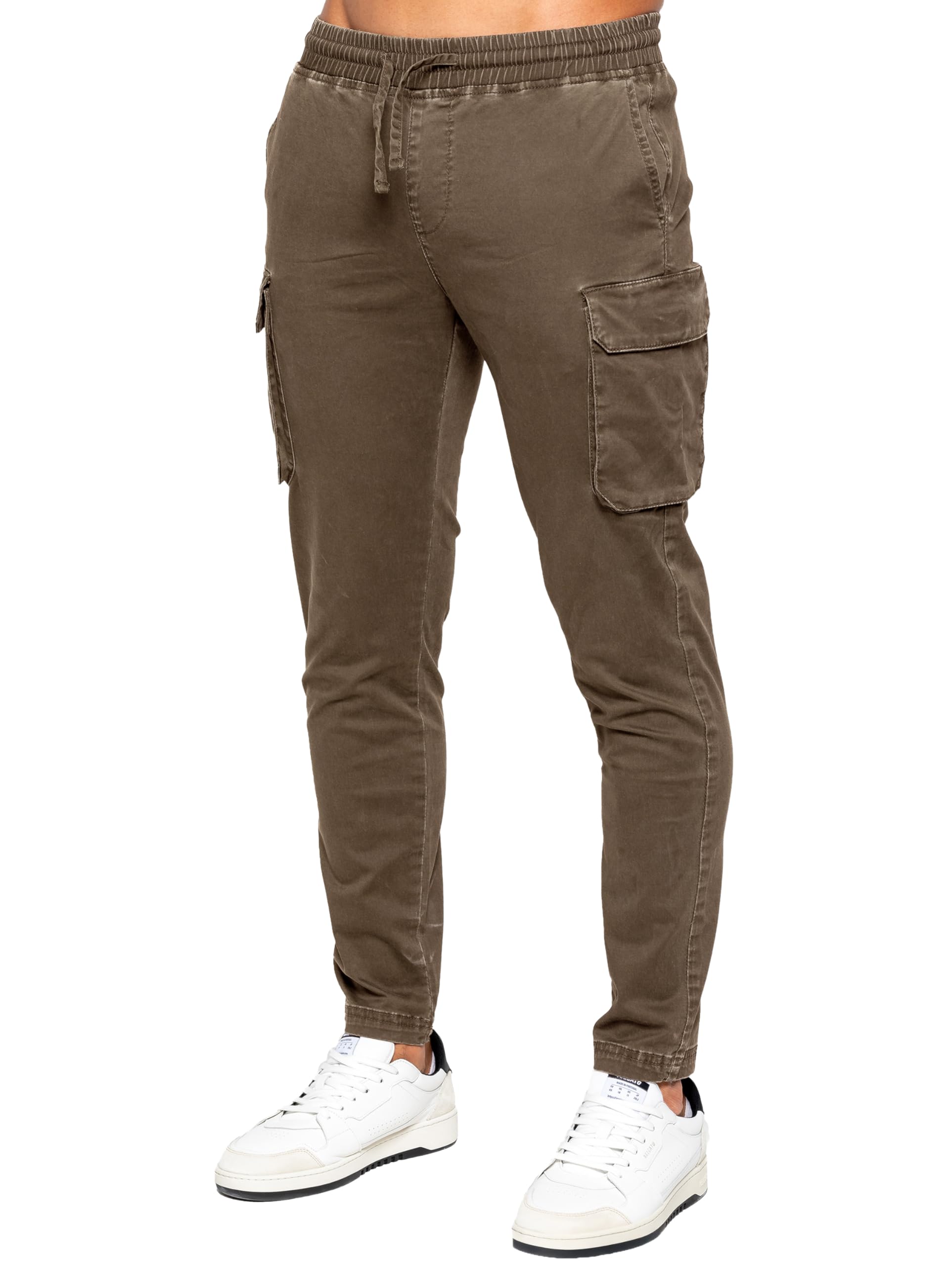 989Zé Enzo Men's Brown Cargo Jeans Elasticated Trousers Casual Cotton Regular Fit Combat Pants (Uk, Alpha, S, Regular, Regular, )