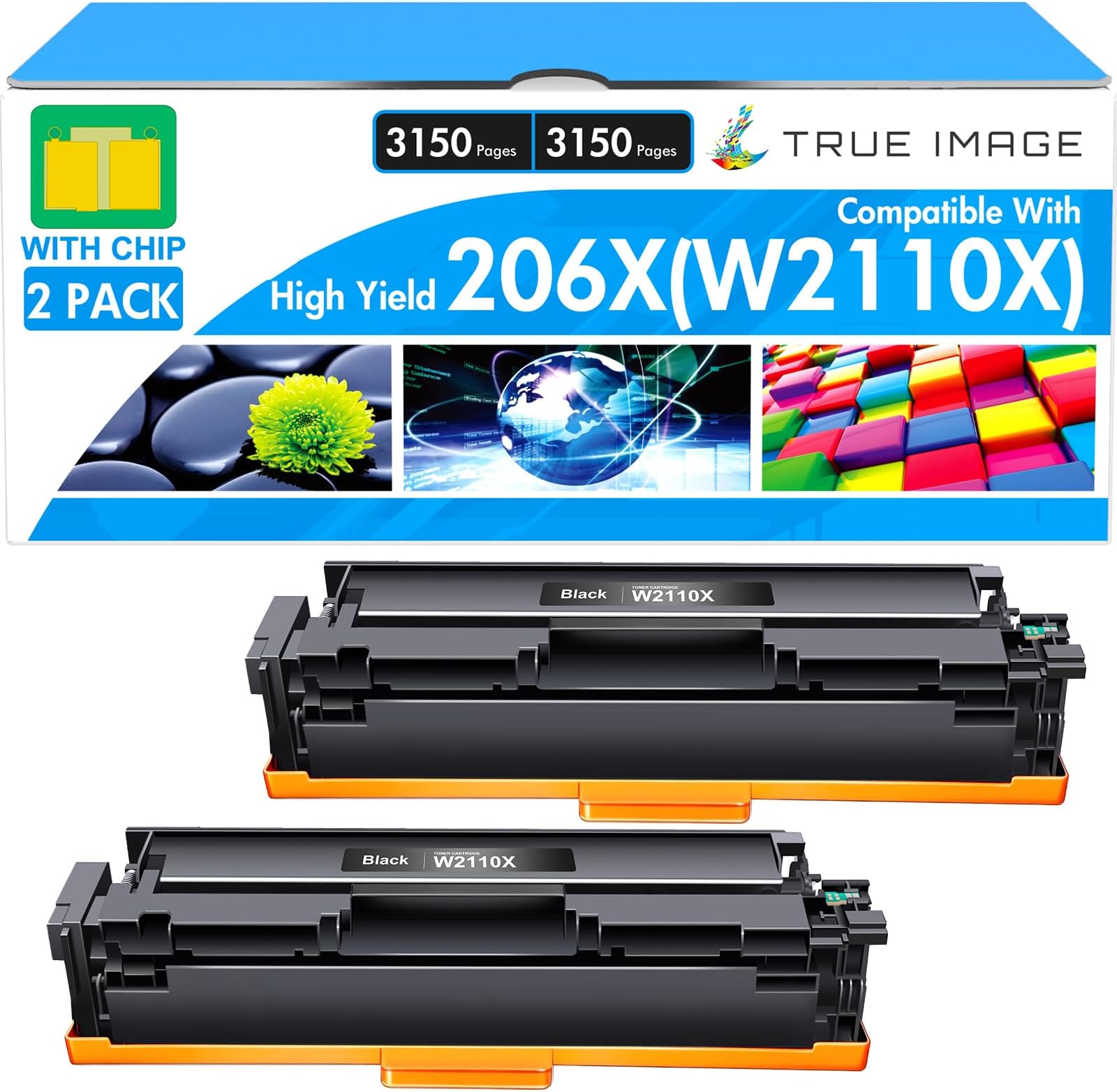 TRUE IMAGE Compatible Toner Cartridges Replacement for HP 206X W2110X 206A W2110A Black Color Pro MFP M283fdw M283cdw M255dw M283 M255 Printer High Yield Ink (Black, 2 Pack)