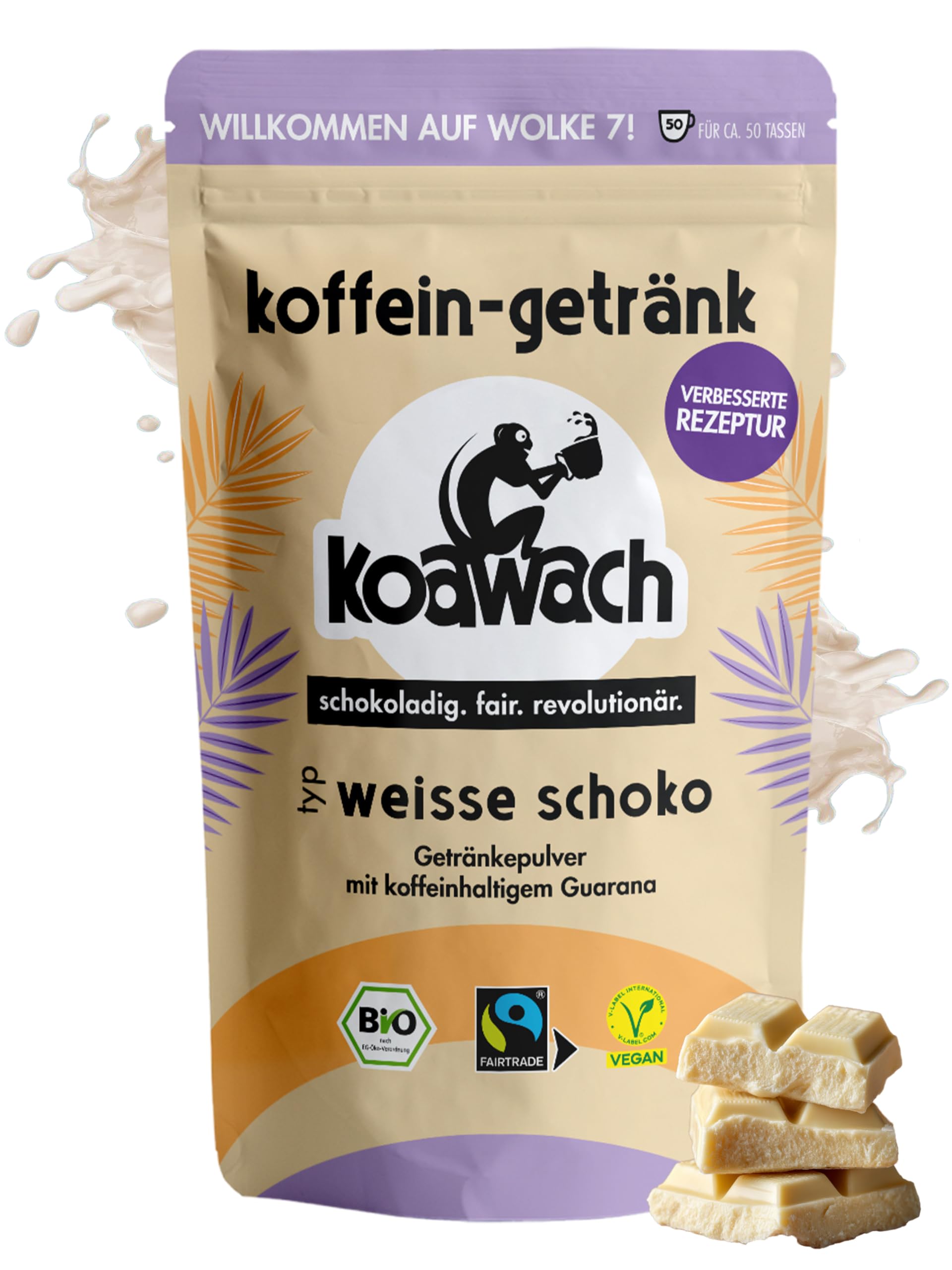 koawach – Kakaopulver Weisse Schoko Getränkepulver 500 g – cremig-süße Bio-Trinkschokolade mit Koffein aus Guarana – vegan & Fairtrade – leckerer schokoladiger Energie-Kakao für heiße & kalte Drinks