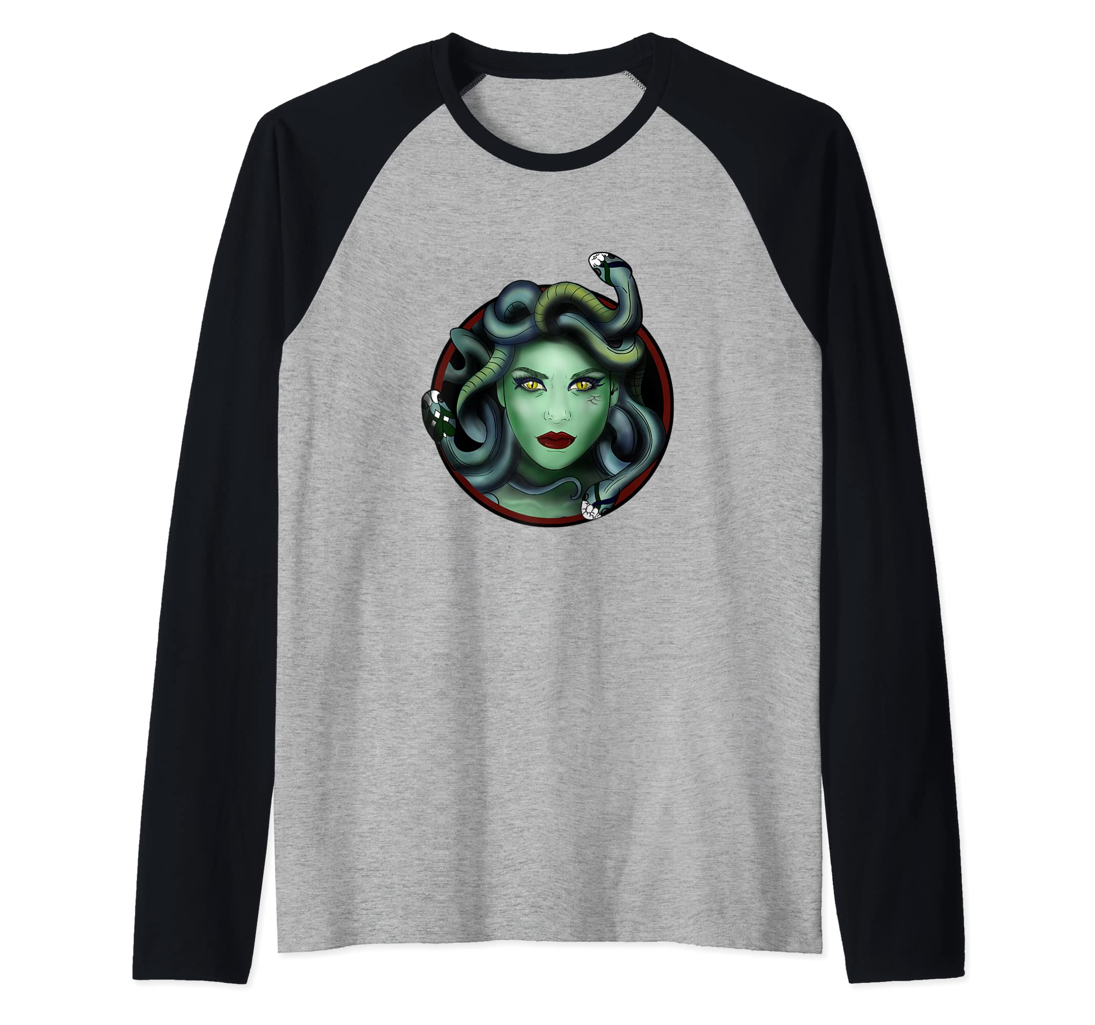 Pretty Medusa Witch Ancient Greek Mythology Goddess Monster Raglan Baseball Tee, Black