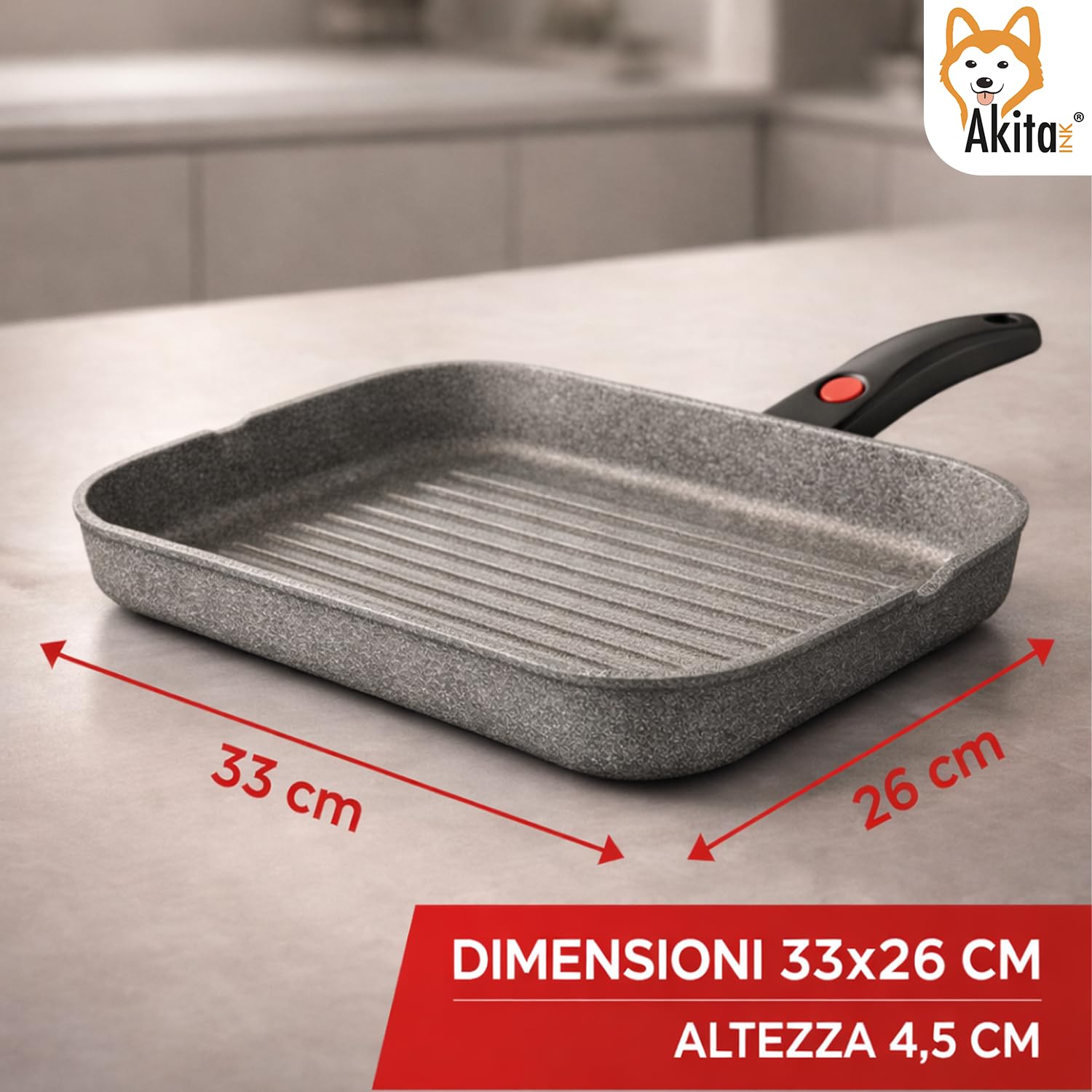 AKITAInk Bistecchiera Antiaderente Effetto Pietra - Grill per Carne e Verdure, Salvaspazio, Disponibile in Diverse Misure, Ideale per Uso Quotidiano (Bistecchiera Cuore di Pietra 33x26 cm)