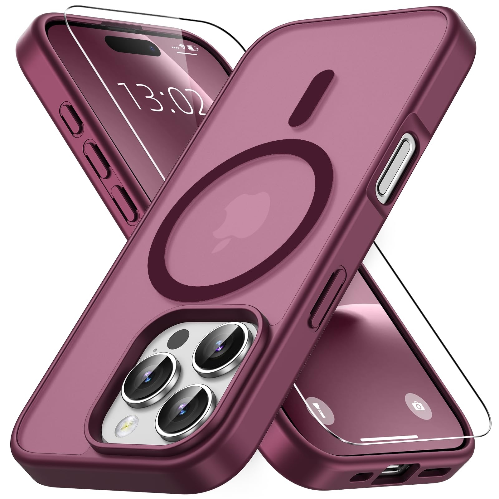 Vansdon Cover Magnetica per iPhone 16 Pro con 1 Pezzi Vetro Temperato, Compatibile con Magsafe, Protezione anticaduta di livello militare, Custodia Traslucida Opaca Sottile Antiurto-Bordeaux