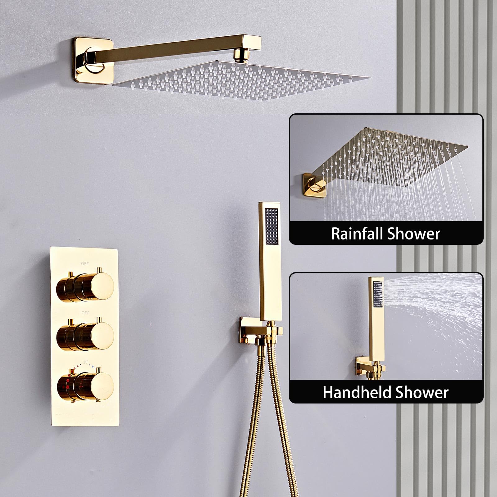 SaniteModar Douche Encastrée avec Mitigeur Thermostatique, Or Poli | Douche pluie carrée 40x40cm, flexible 1,5m; buses silicone faciles nettoyage; design caché; pas dégâts muraux en réparation