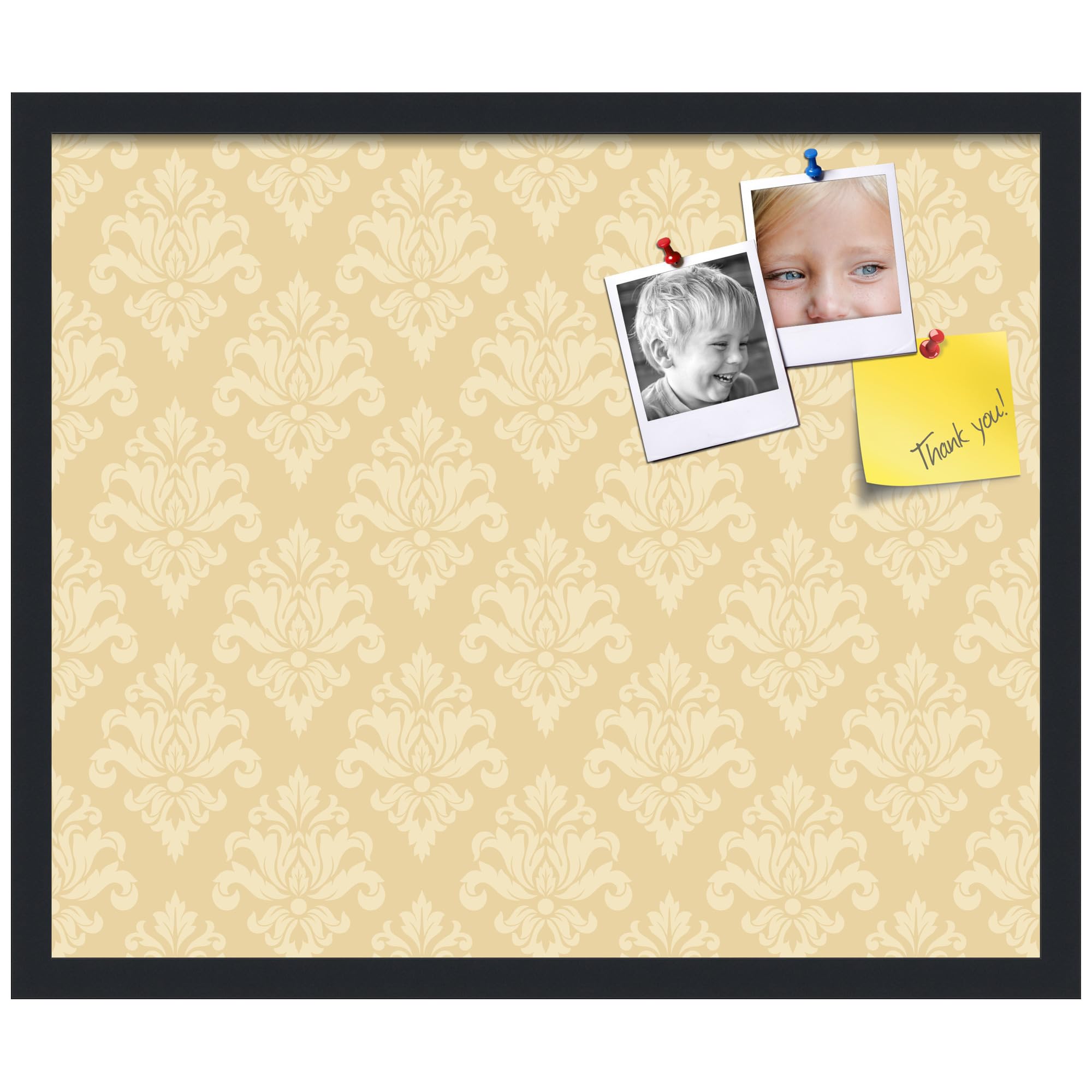 PinPix 24x20 inch Cork Bulletin Board. This Decorative Framed Pin Board Comes with Damask Tan Design and Satin Black. Ideal for Home, Office Decor or School (PinPix-2132)