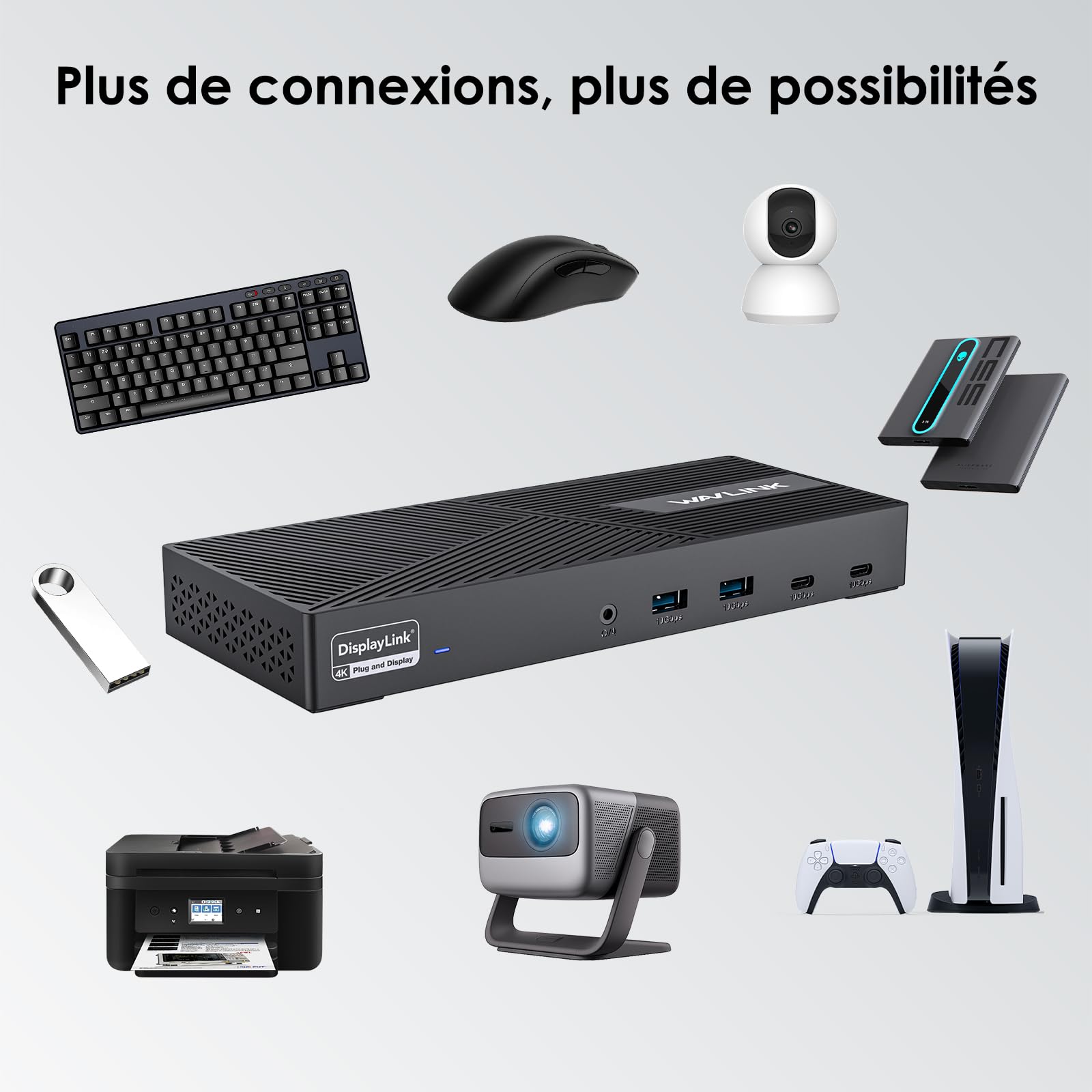 WAVLINK Displaylink Station d'accueil Universelle USB C, avec 3 x HDMI, 2 x DP, 100 W PD, Gigabit Ethernet, 6 × 10 Gbps USB-A&C, Audio, Microphone, Compatible avec Mac OS et Windows